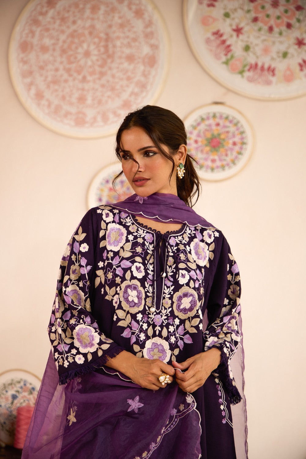 Purple Raw Silk Aari Embroidered Pheran Set with Flared Pants & Organza Scalloped Dupatta