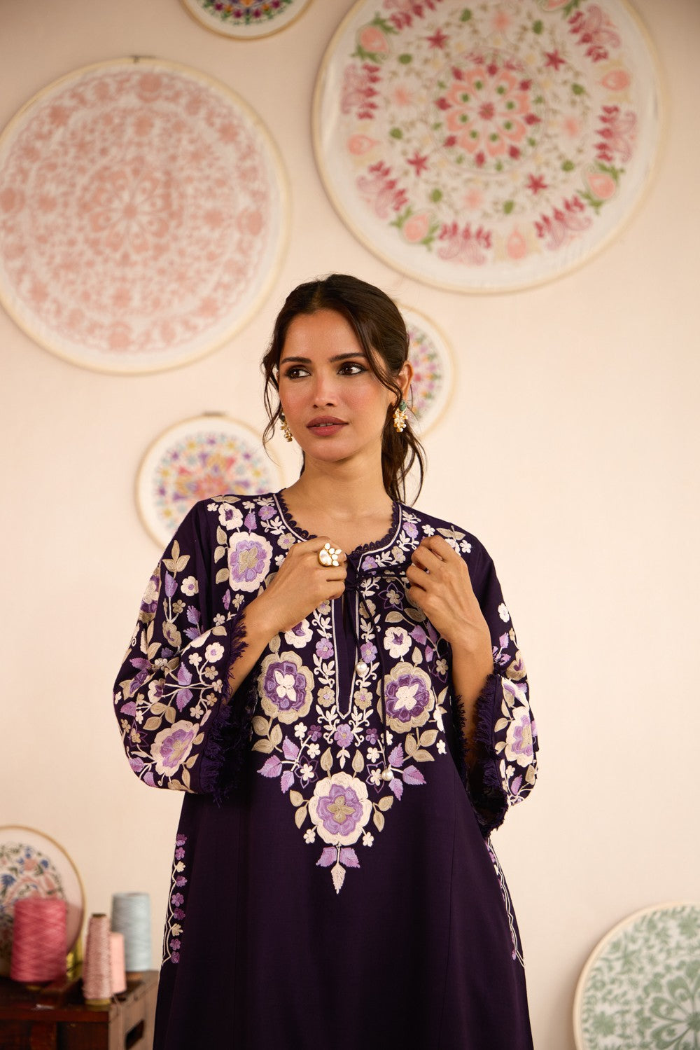 Purple Raw Silk Aari Embroidered Pheran Set with Flared Pants & Organza Scalloped Dupatta