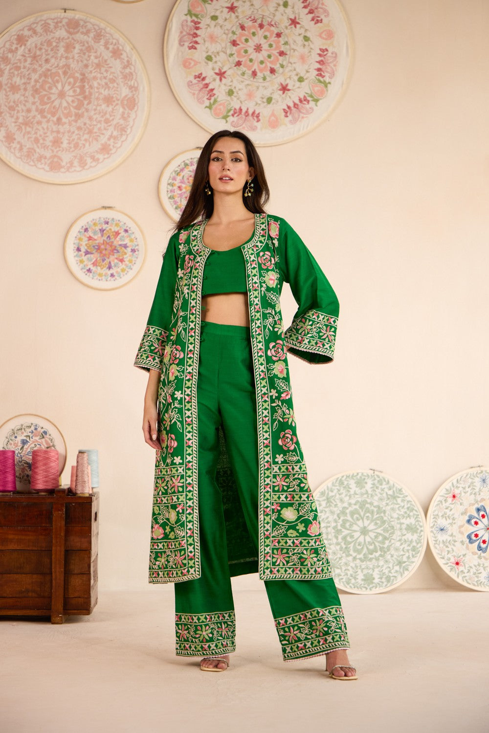 Emerald Green Aari Embroidered Jaal Jacket Set with Inner & Pants