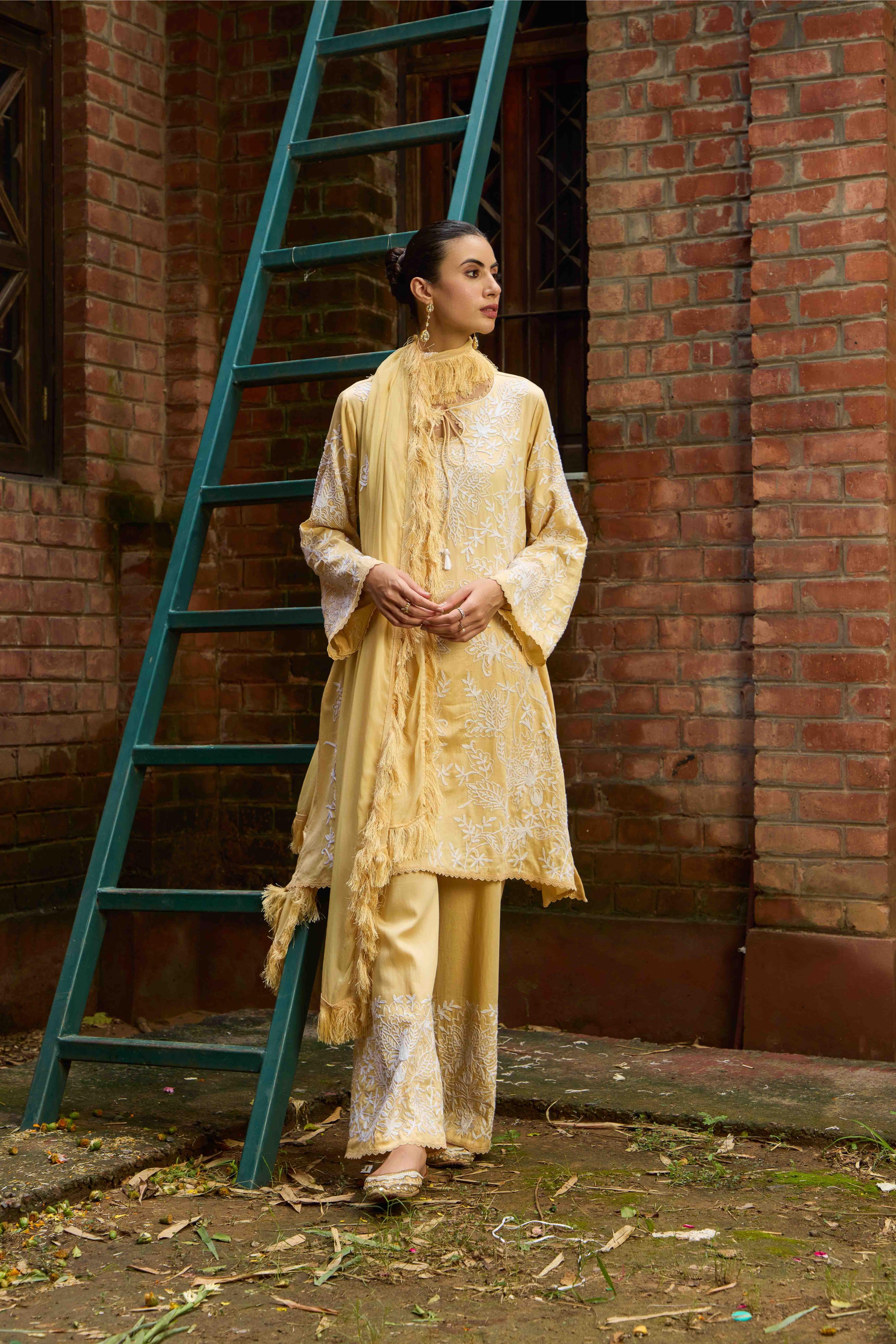 Butter Noor Cotton Kurta Set with Flared Embroidered Pants