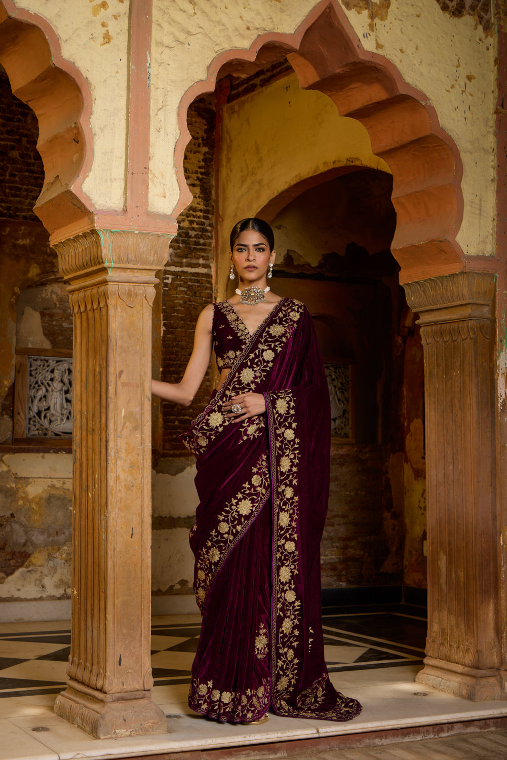 Madhubala Wine Silk Velvet Saree