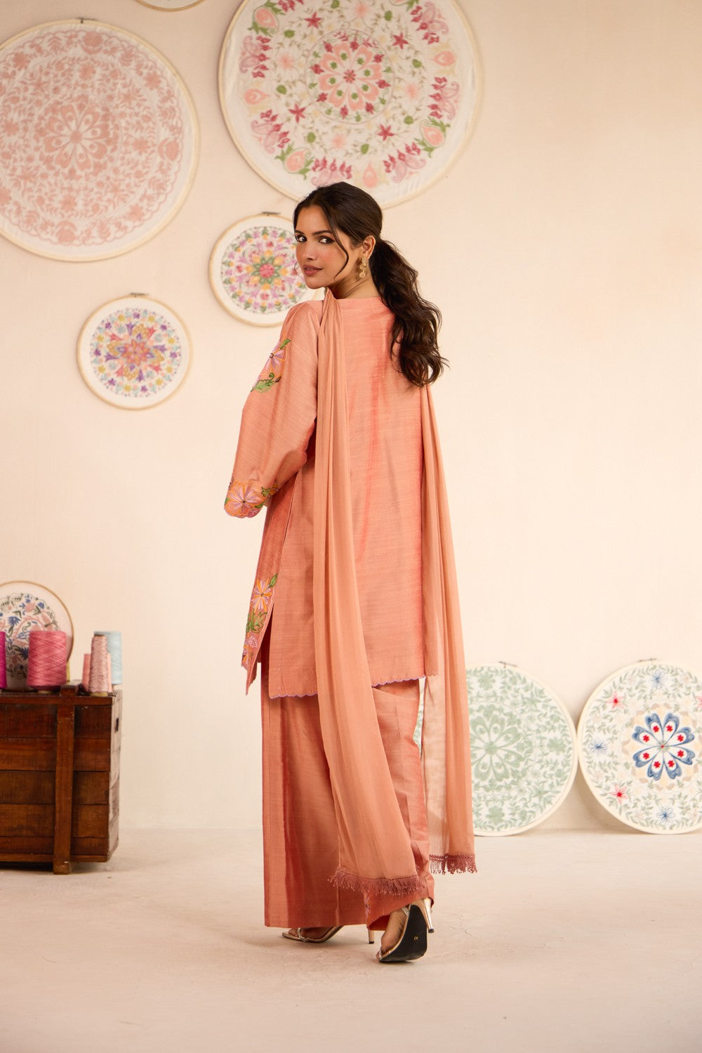 Burnt Orange Raw Silk Aari Embroidered Short Pheran Set with Booti Embroidered Flared Pants & Pleat Dupatta