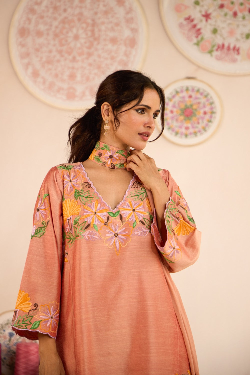 Burnt Orange Raw Silk Aari Embroidered Short Pheran Set with Booti Embroidered Flared Pants & Pleat Dupatta