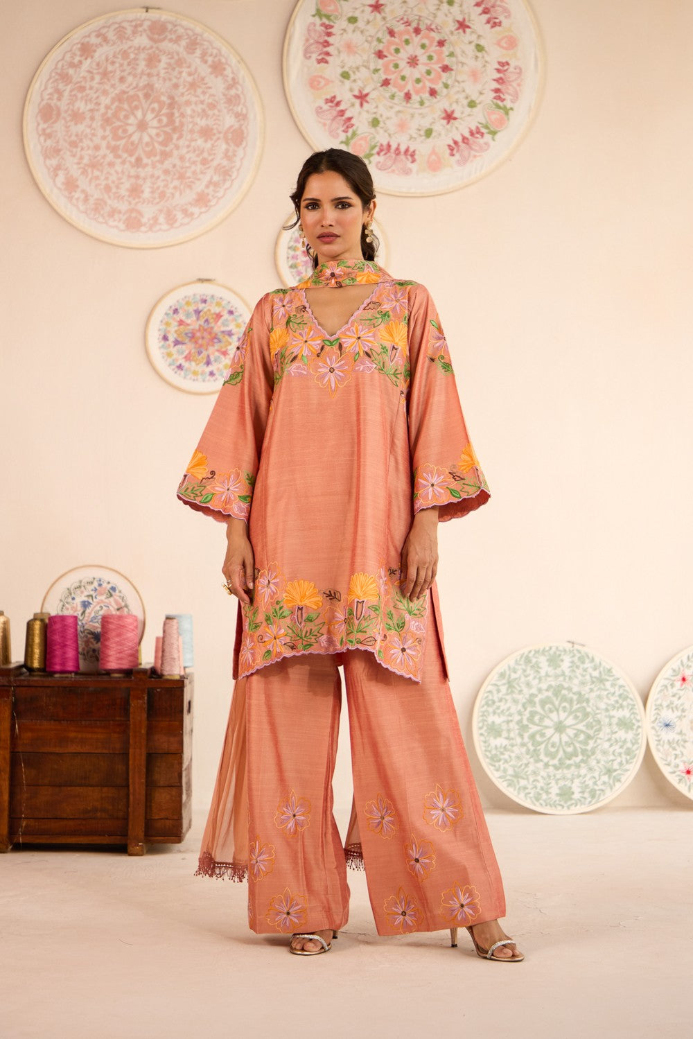 Burnt Orange Raw Silk Aari Embroidered Short Pheran Set with Booti Embroidered Flared Pants & Pleat Dupatta