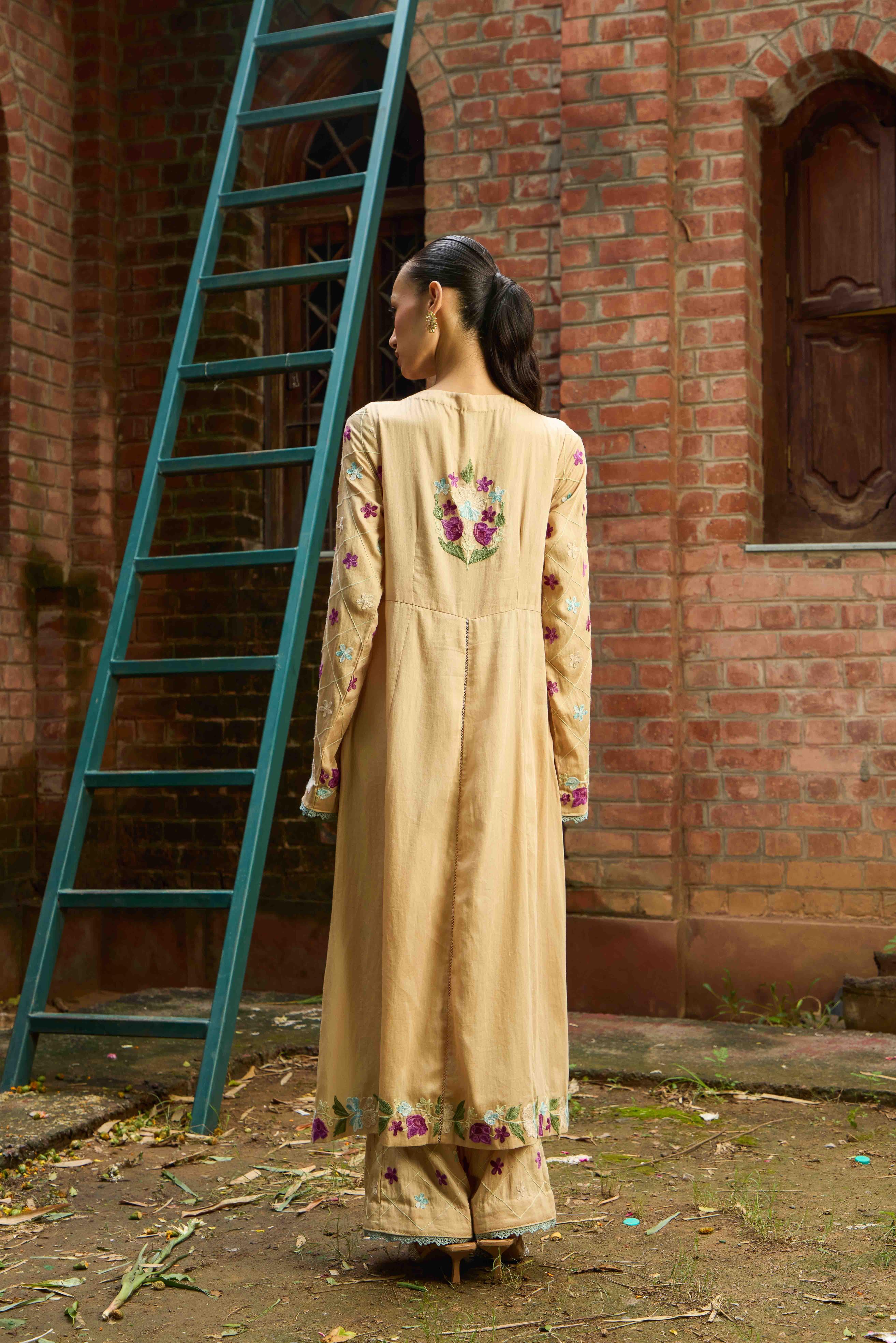 Beige Seher Cotton Kalidar Kurta Set with Embroidered Straight Pants