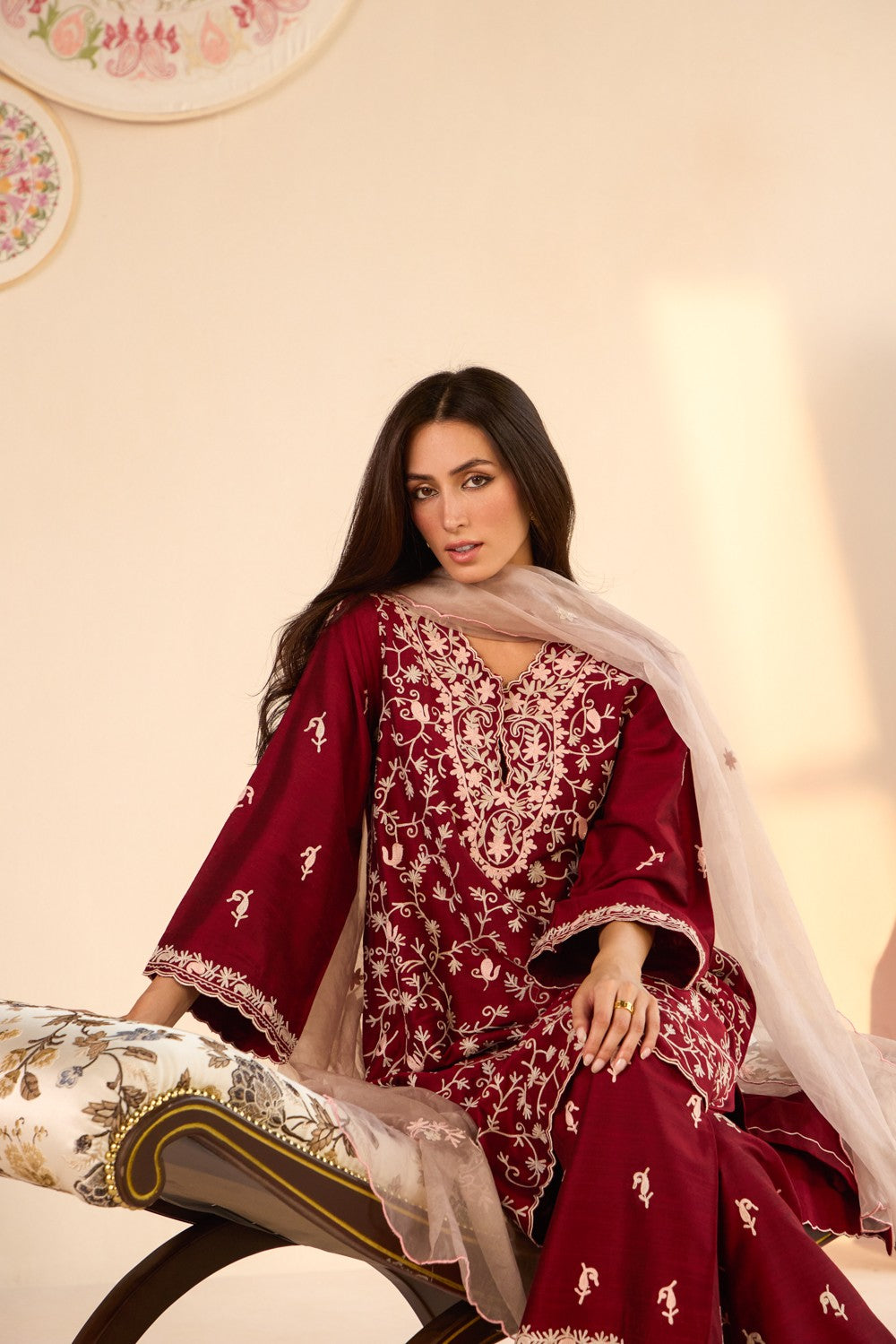 Maroon Raw Silk Jaal Aari Embroidered Kurta Set with Booti Embroidered Flared Pants & Scalloped Organza Dupatta