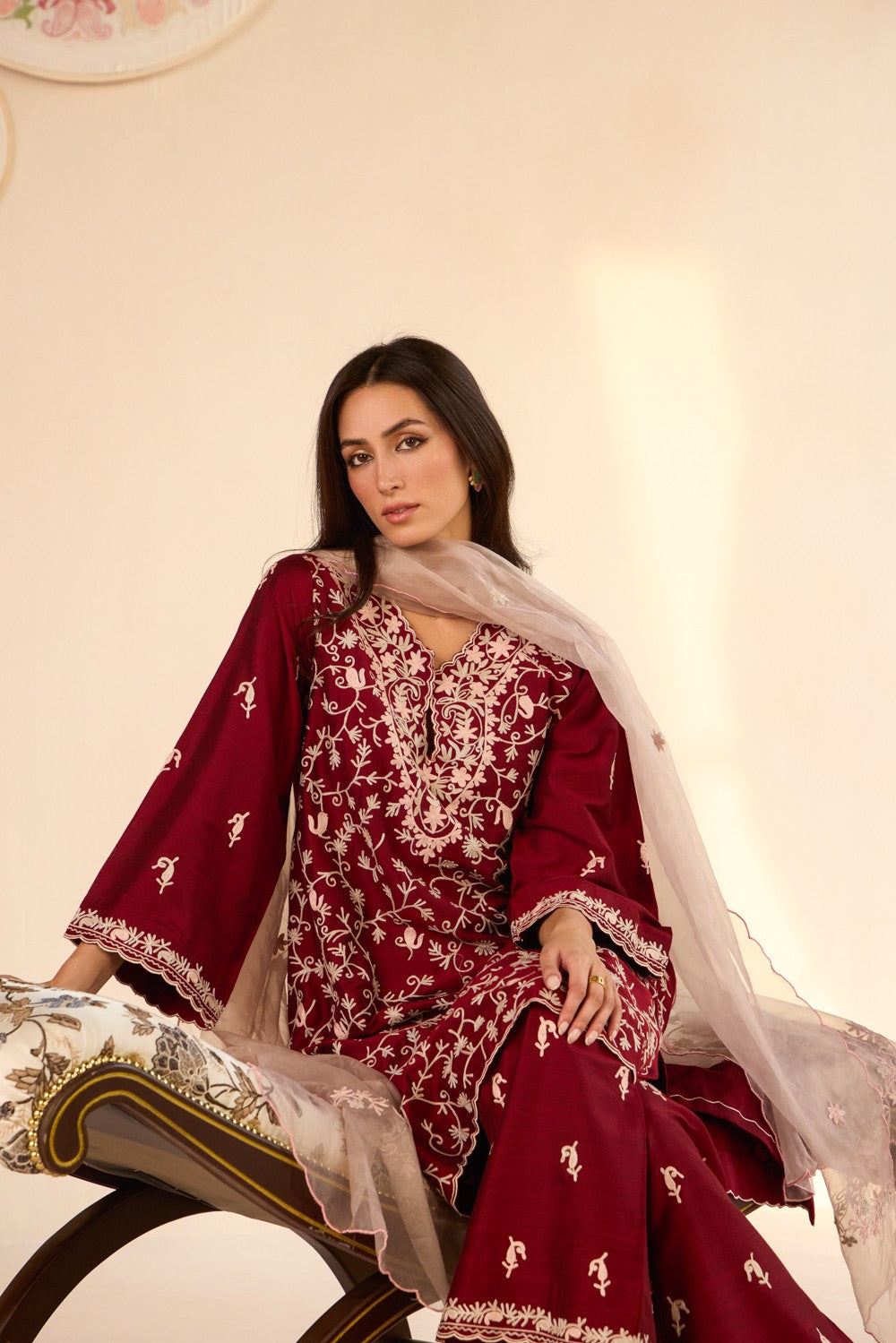 Maroon Raw Silk Jaal Aari Embroidered Kurta Set with Booti Embroidered Flared Pants & Scalloped Organza Dupatta
