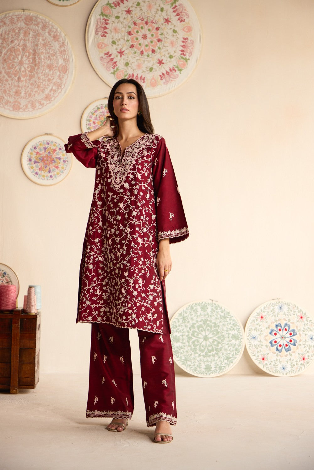 Maroon Raw Silk Jaal Aari Embroidered Kurta Set with Booti Embroidered Flared Pants & Scalloped Organza Dupatta