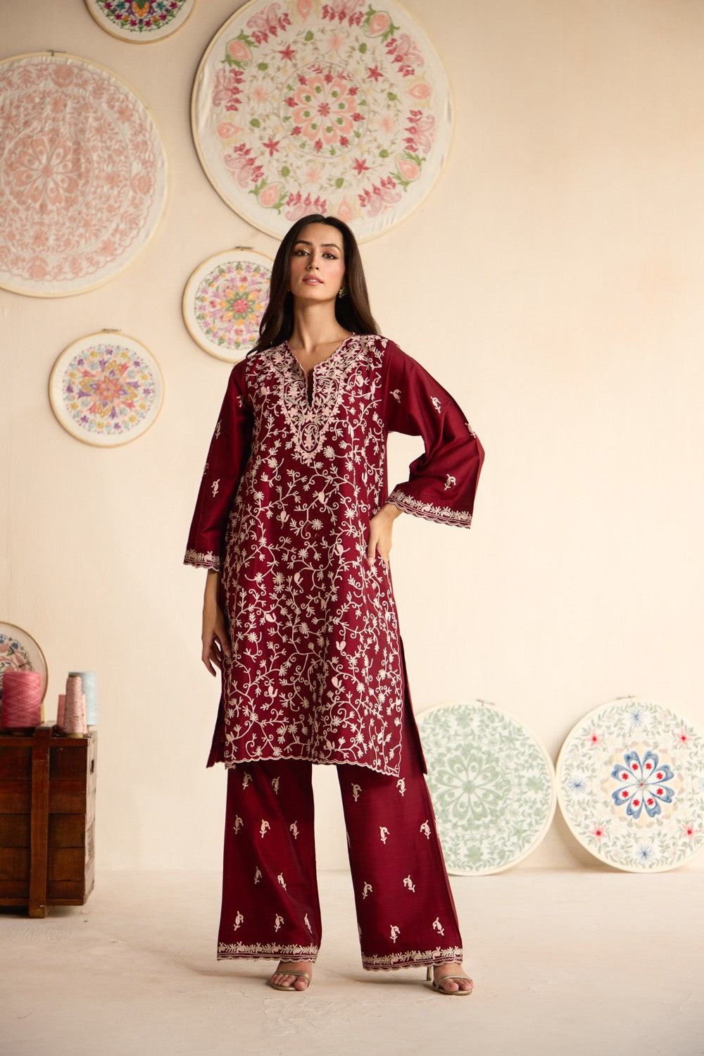 Maroon Raw Silk Jaal Aari Embroidered Kurta Set with Booti Embroidered Flared Pants & Scalloped Organza Dupatta