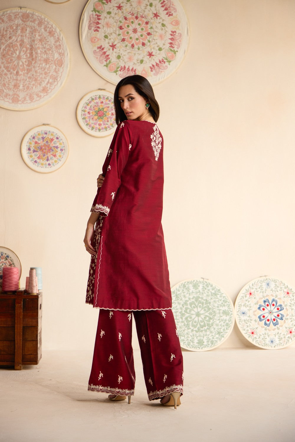Maroon Raw Silk Jaal Aari Embroidered Kurta Set with Booti Embroidered Flared Pants & Scalloped Organza Dupatta