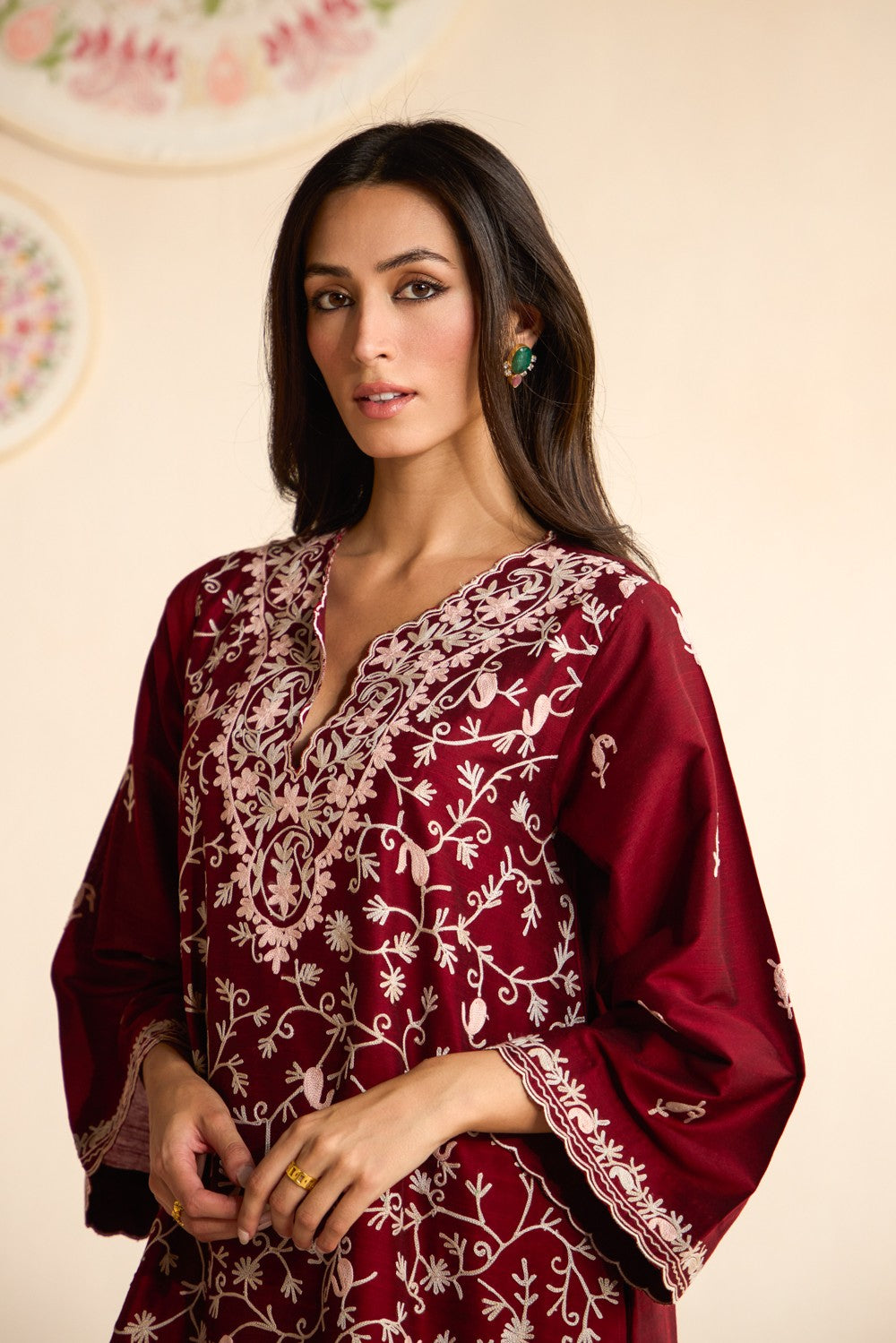 Maroon Raw Silk Jaal Aari Embroidered Kurta Set with Booti Embroidered Flared Pants & Scalloped Organza Dupatta