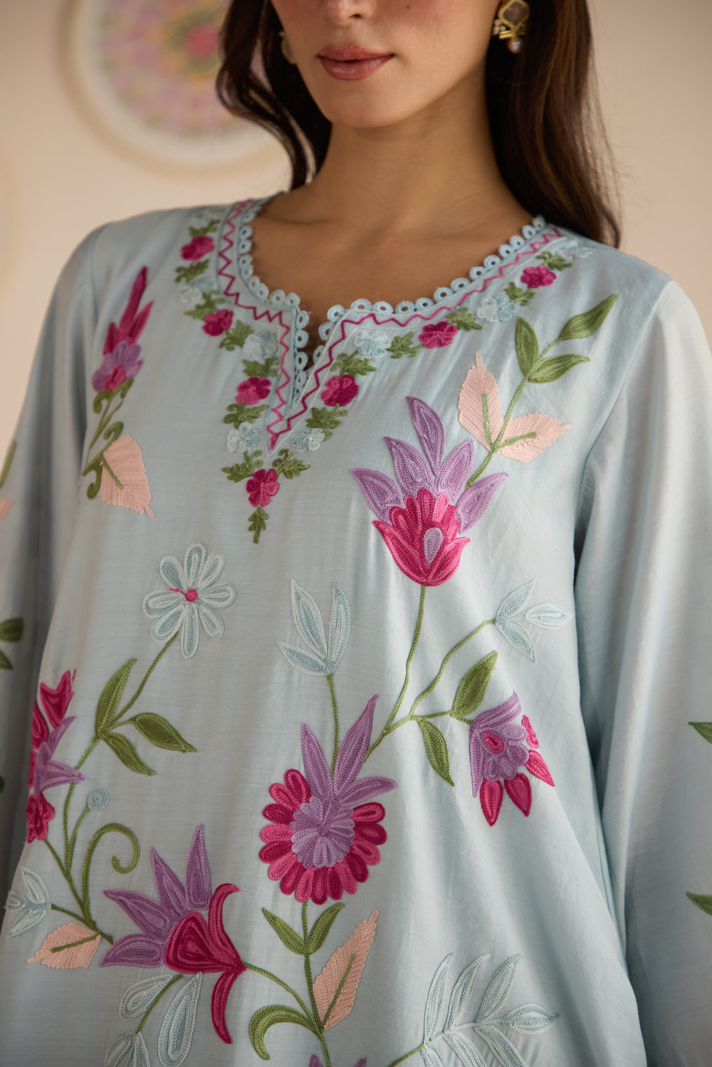 Rangat Cloud Blue Aari Kurta Set with Chiffon Fringe Dupatta & Farshi Salwar