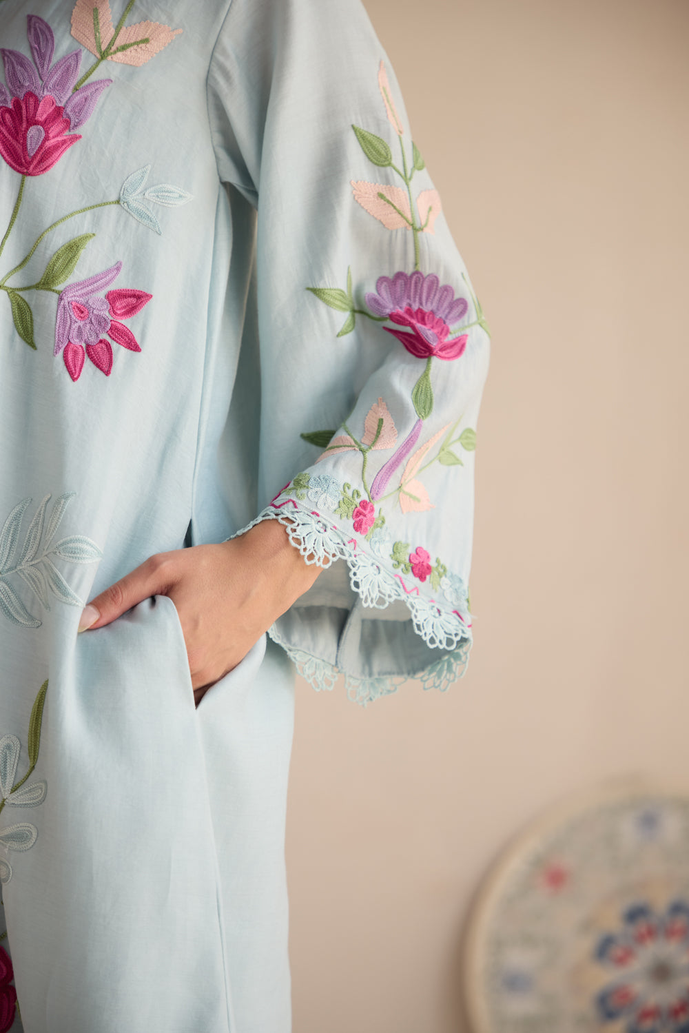Rangat Cloud Blue Aari Kurta Set with Chiffon Fringe Dupatta & Farshi Salwar