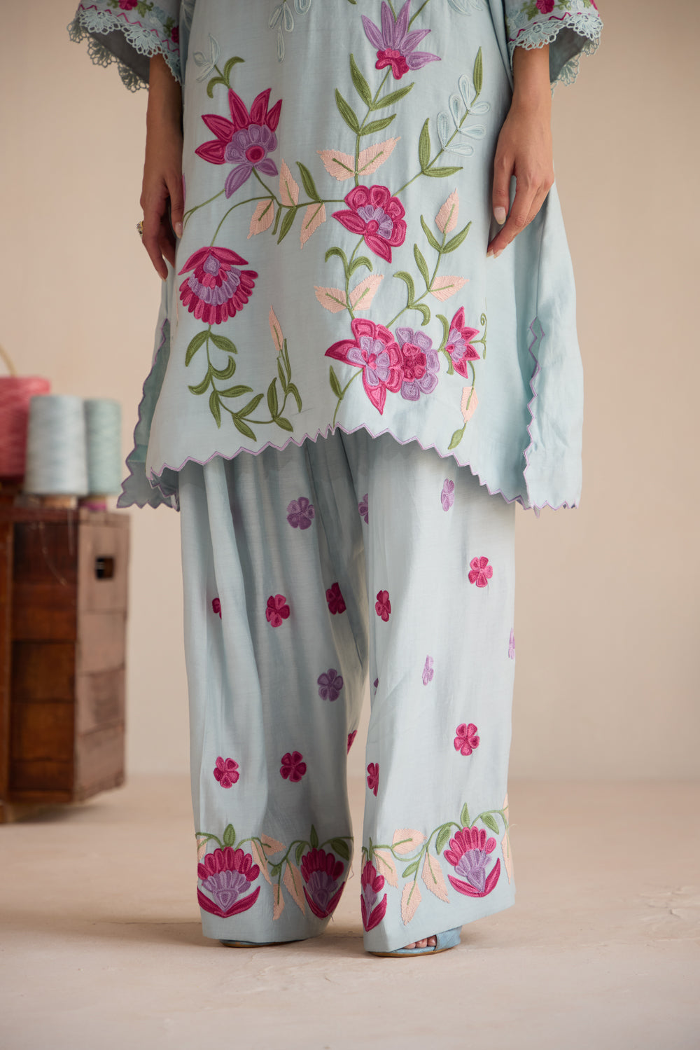 Rangat Cloud Blue Aari Kurta Set with Chiffon Fringe Dupatta & Farshi Salwar