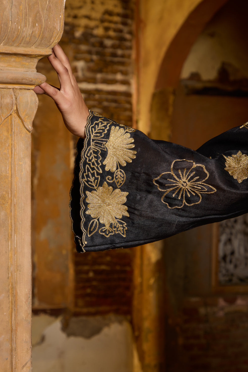 Begum Black Silk Kurta With Brocade Kalidaar Lehenga