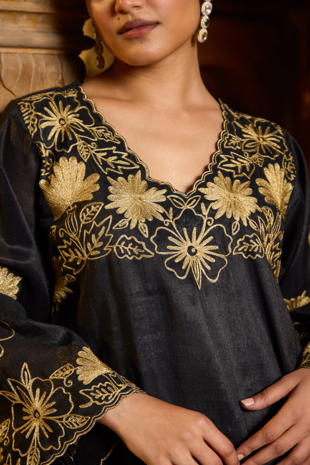 Begum Black Silk Kurta With Brocade Kalidaar Lehenga