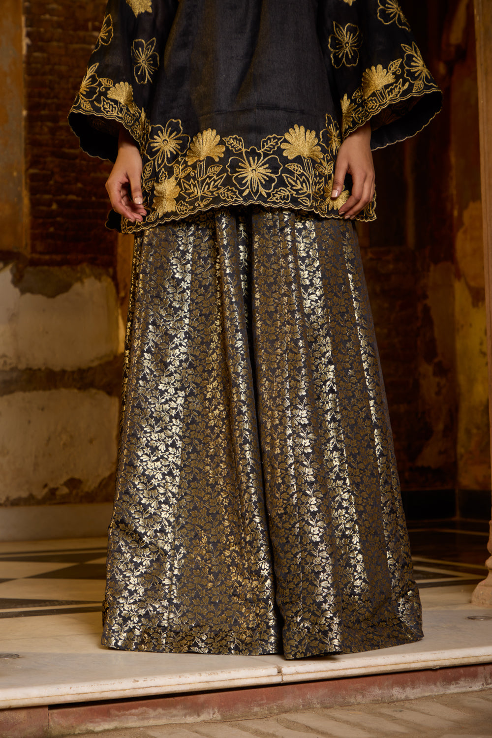 Begum Black Silk Kurta With Brocade Kalidaar Lehenga