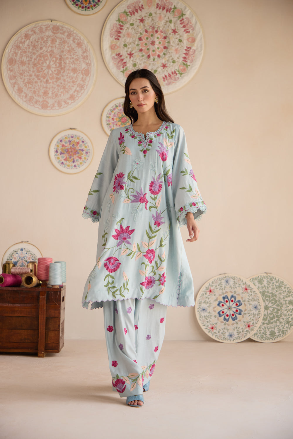 Rangat Cloud Blue Aari Kurta Set with Chiffon Fringe Dupatta & Farshi Salwar