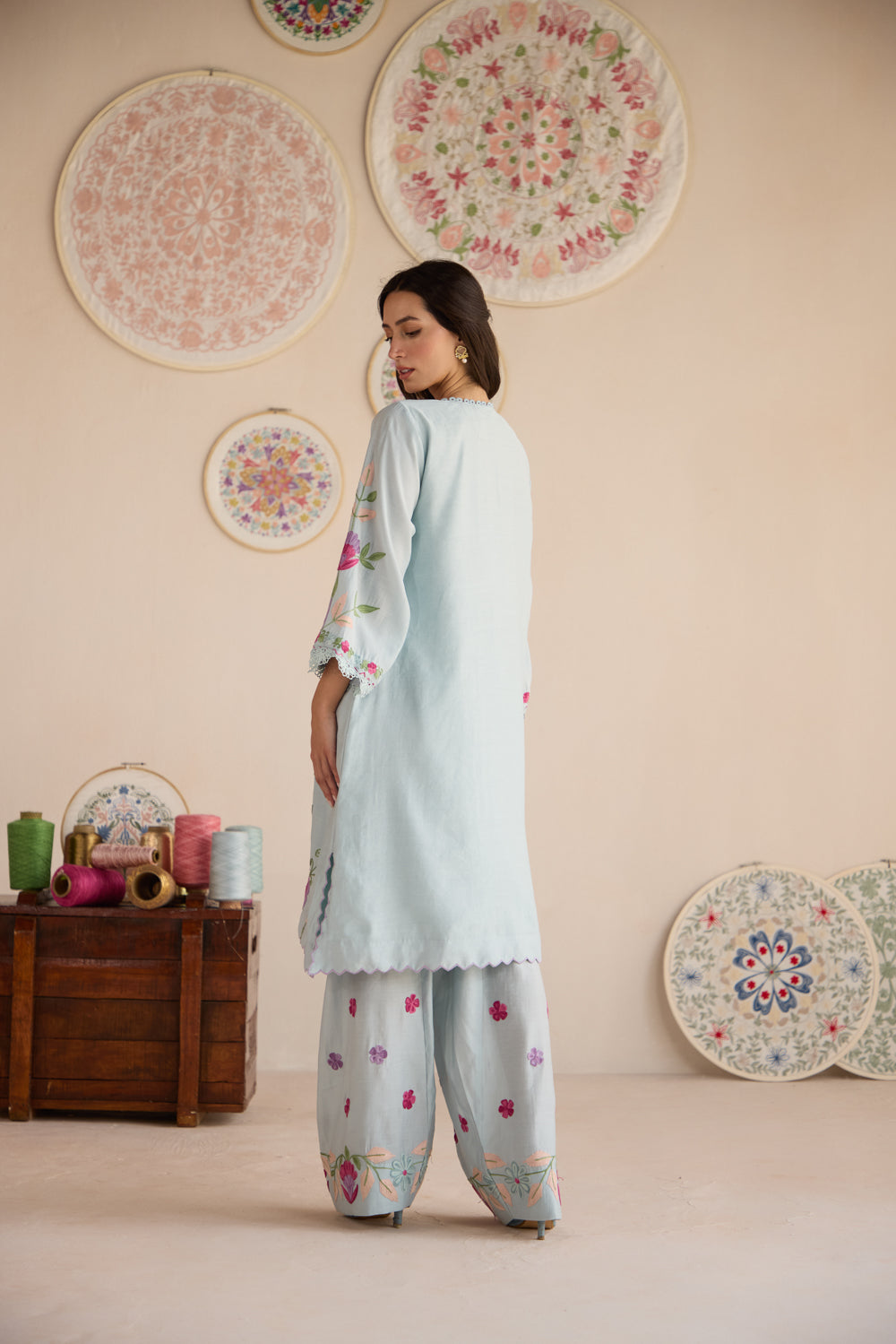 Rangat Cloud Blue Aari Kurta Set with Chiffon Fringe Dupatta & Farshi Salwar