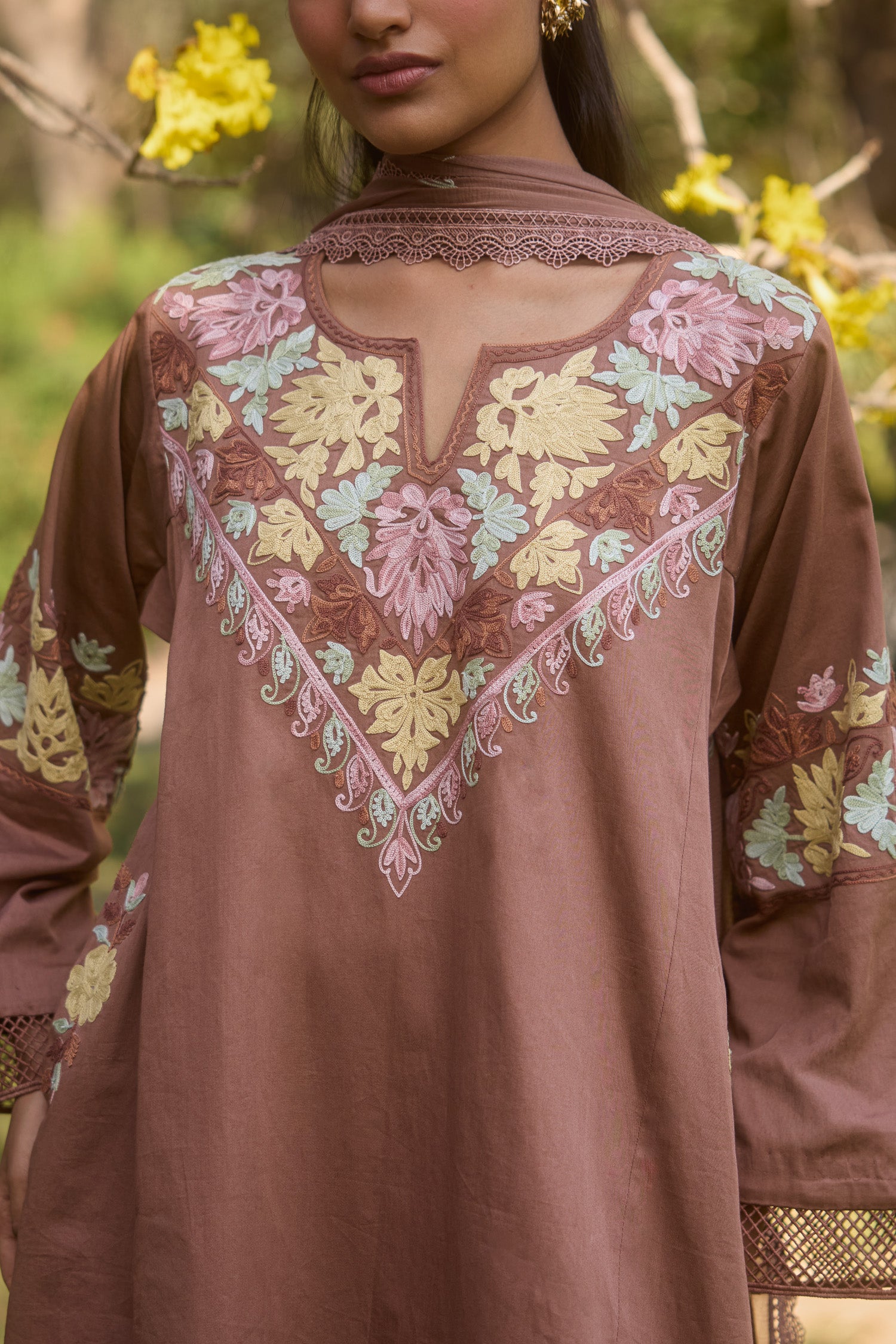 Brown Amber Cotton Aari Kalidaar Pheran Set