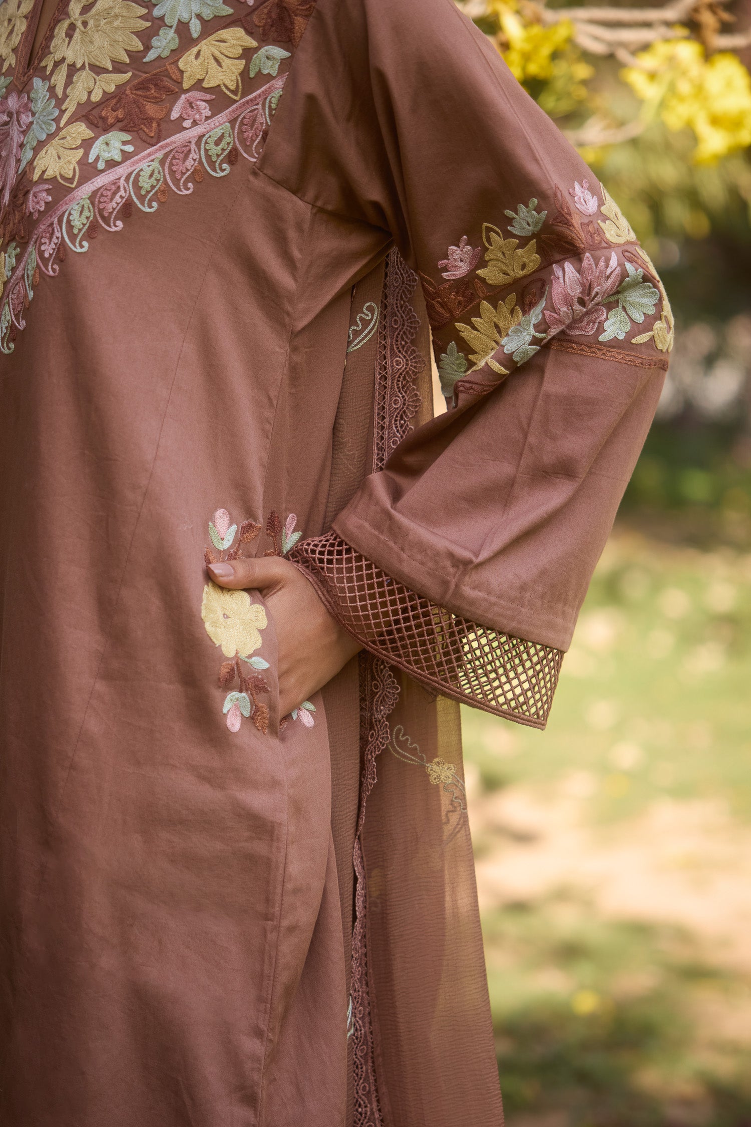 Brown Amber Cotton Aari Kalidaar Pheran Set