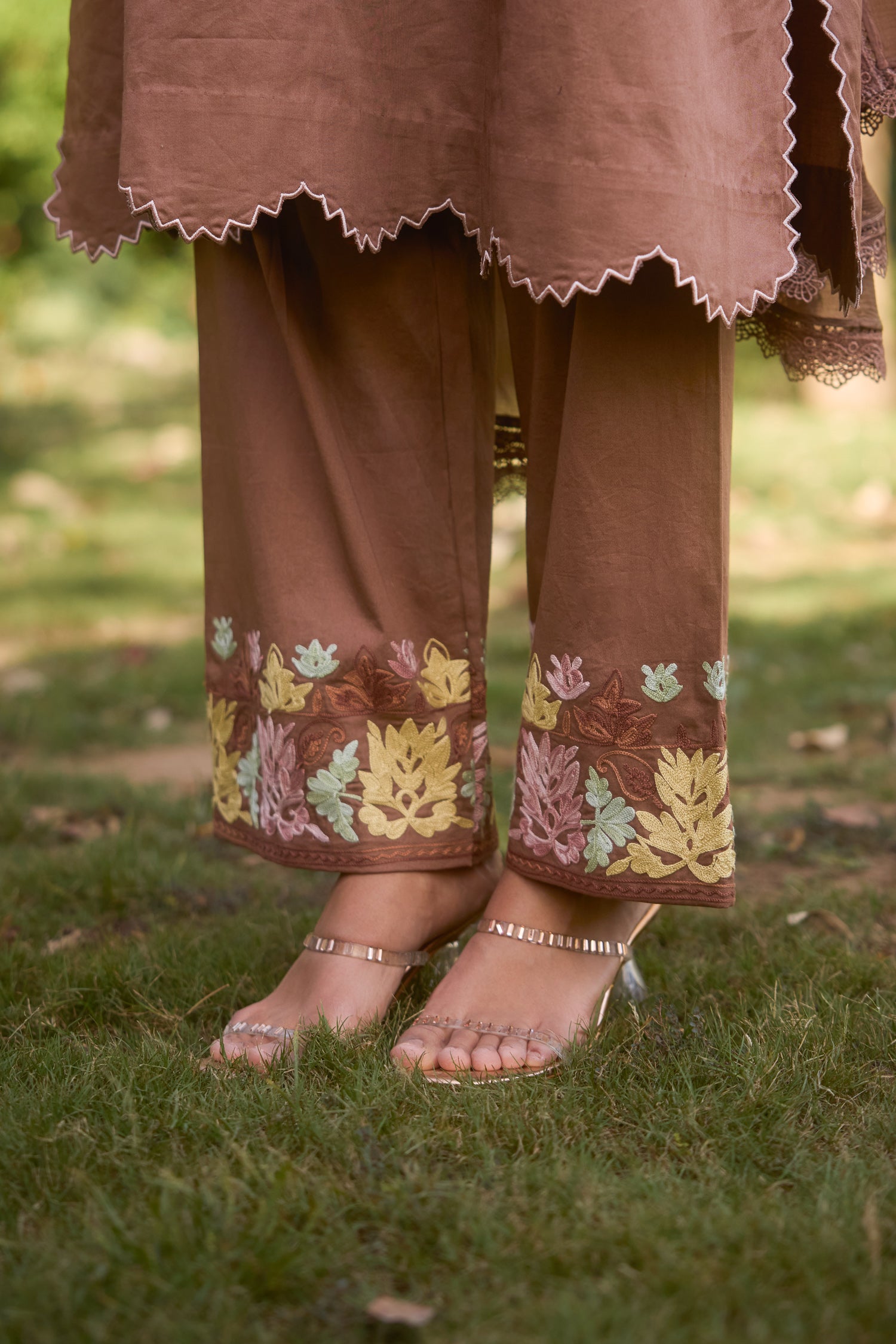 Brown Amber Cotton Aari Kalidaar Pheran Set