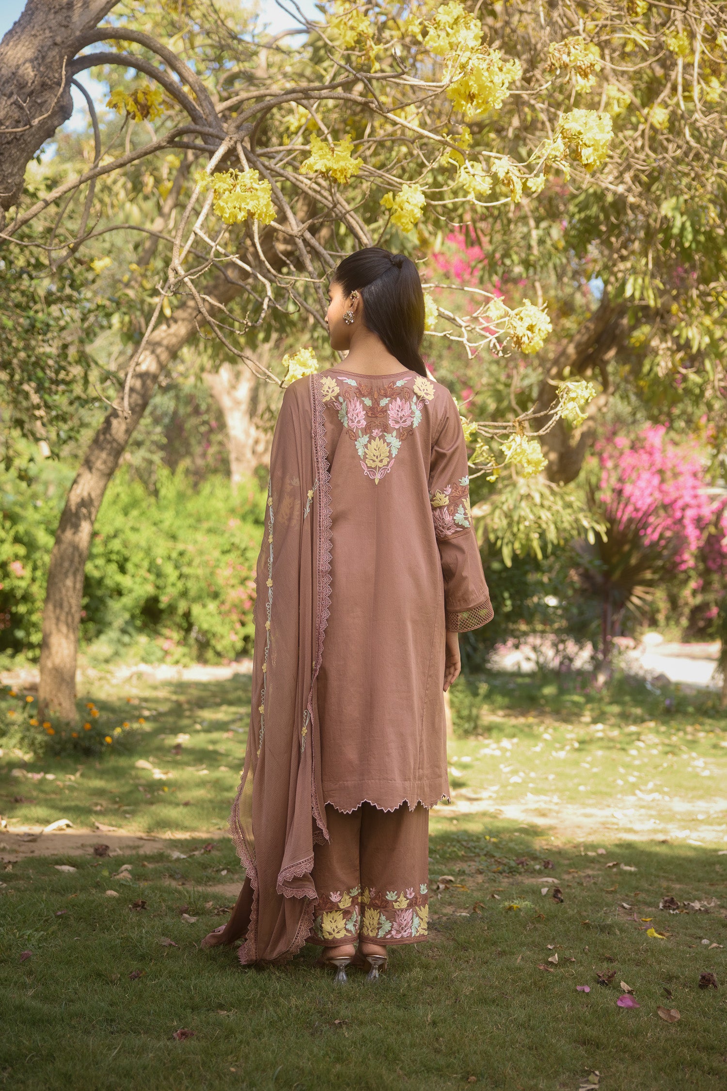 Brown Amber Cotton Aari Kalidaar Pheran Set