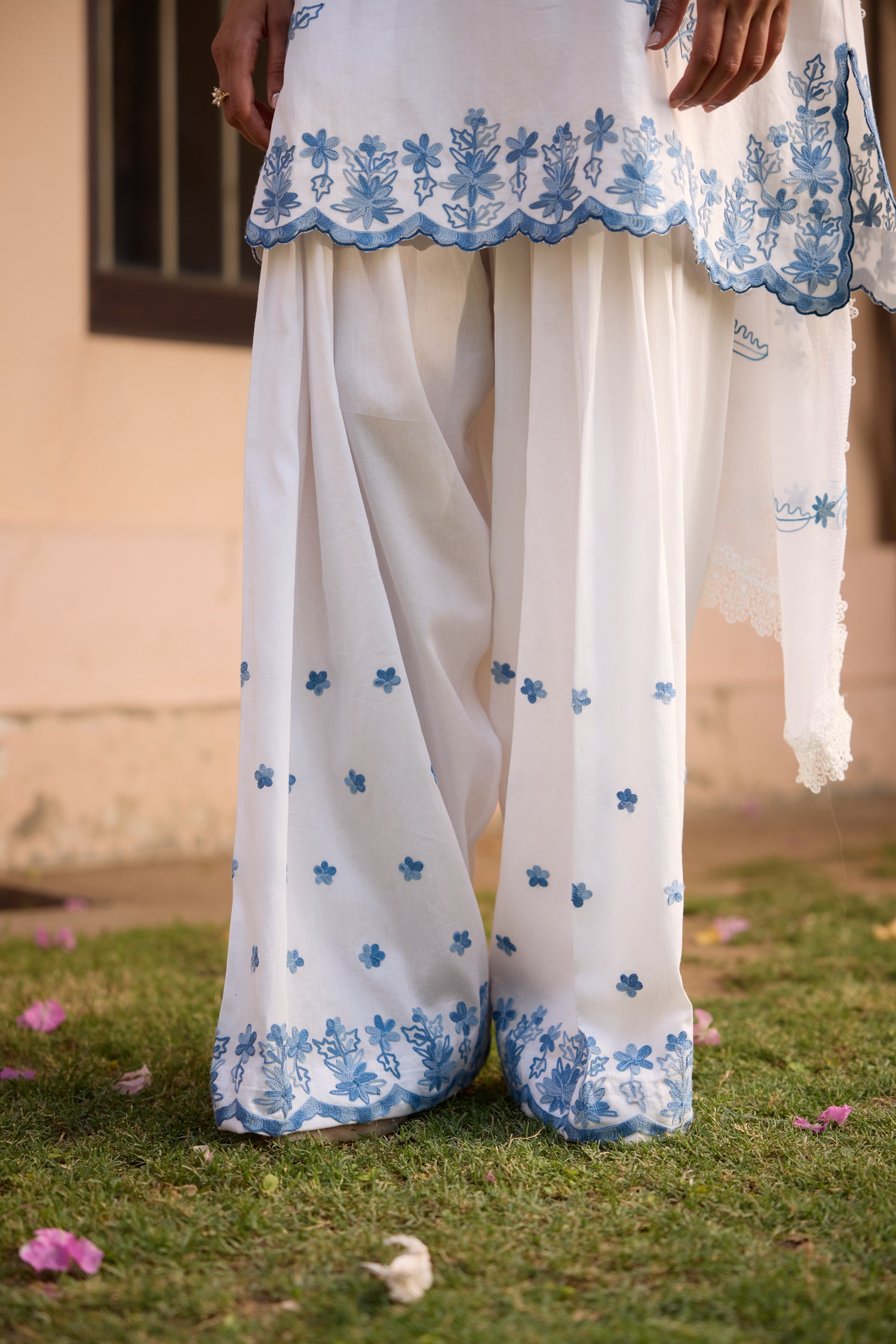 Sky White & Blue Short Cotton Aari Pheran Set with Farshi Salwar