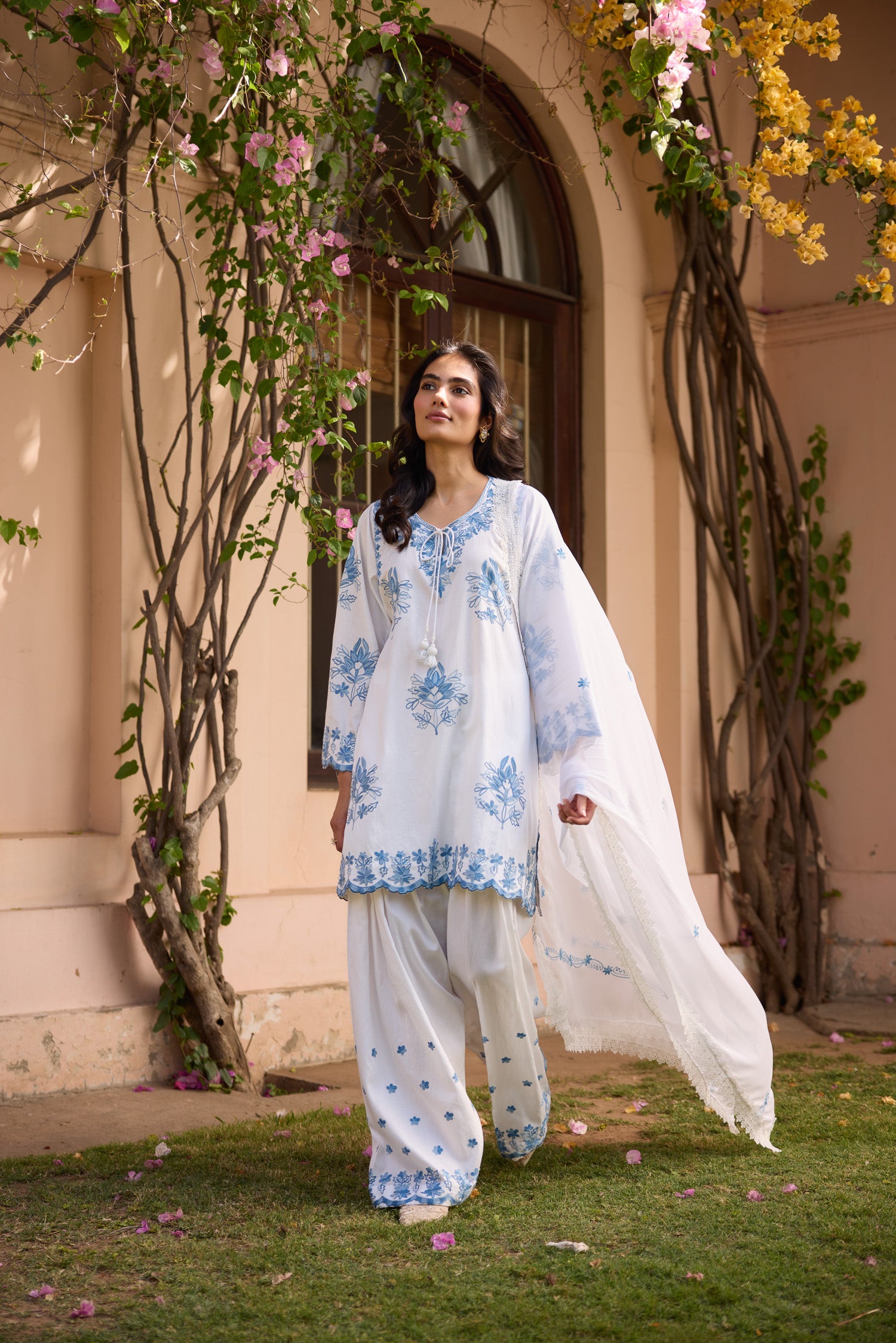 Sky White & Blue Short Cotton Aari Pheran Set with Farshi Salwar