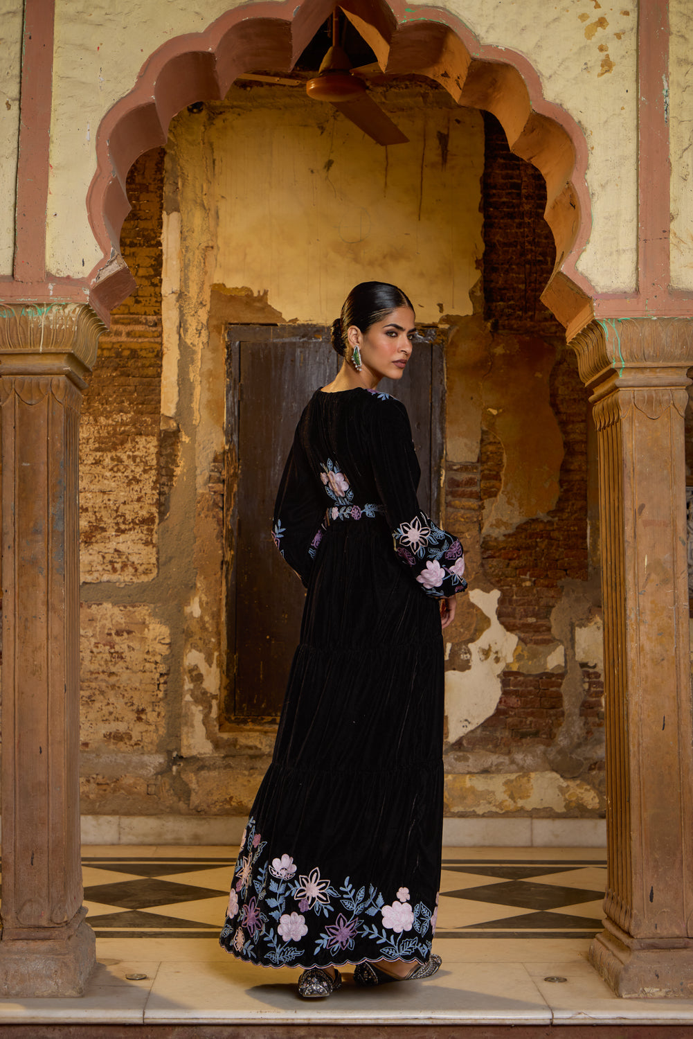 Zeenat Black Silk Velvet Aari Embroidered Maxi Dress With Belt