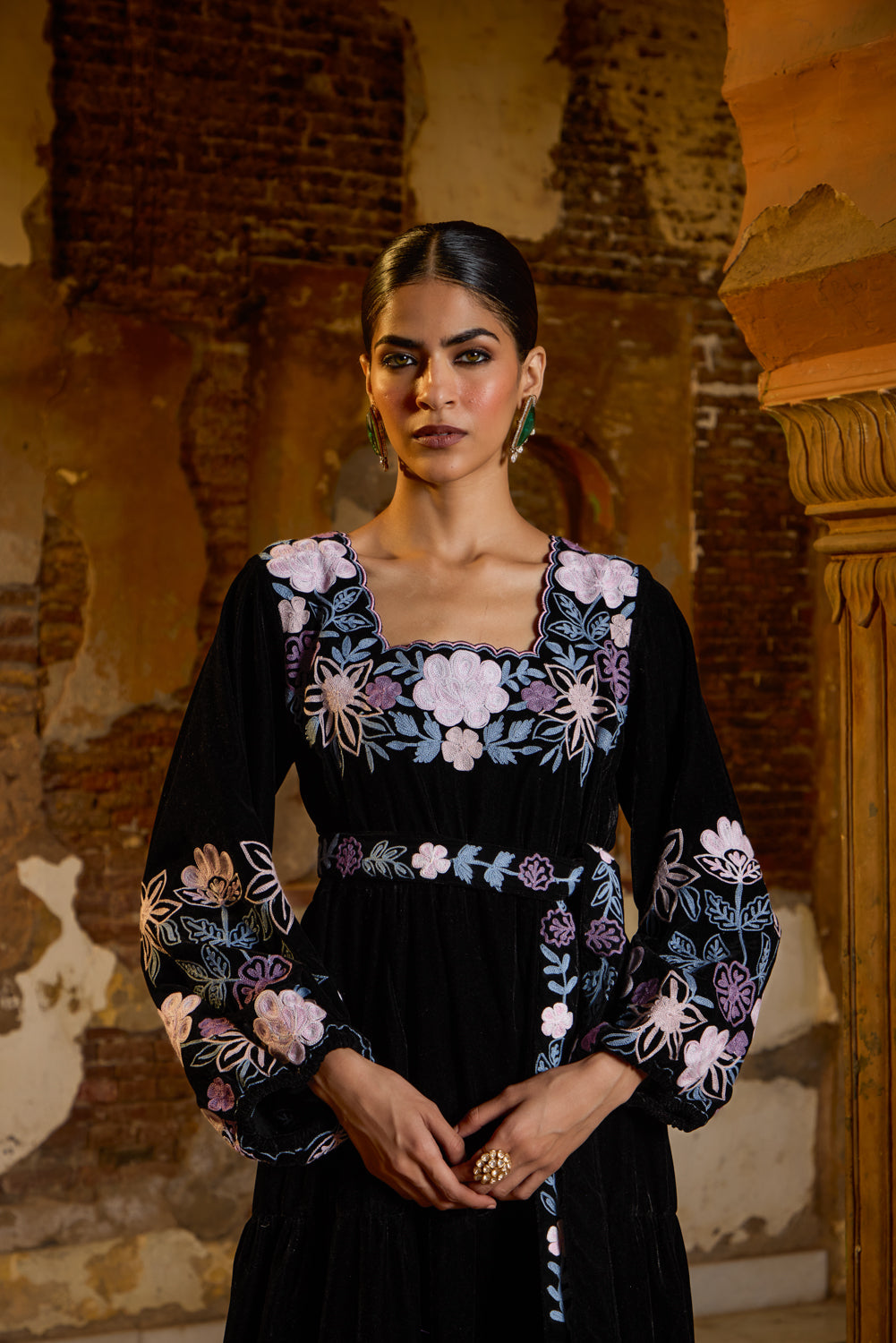 Black Silk Velvet Aari Embroidered Maxi Dress - Koshur India | Koshur India Black Silk Velvet Aari Embroidered Maxi Dress - Koshur India | Koshur India