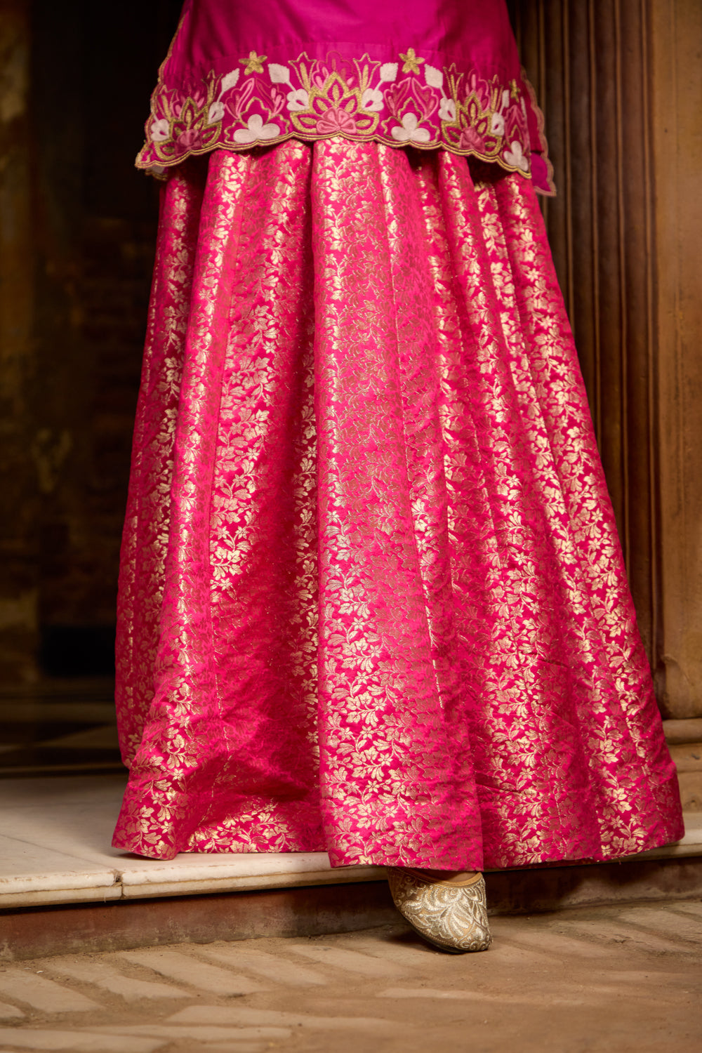 Hema Rani Pink Kurta Set With Brocade Kalidaar Lehenga