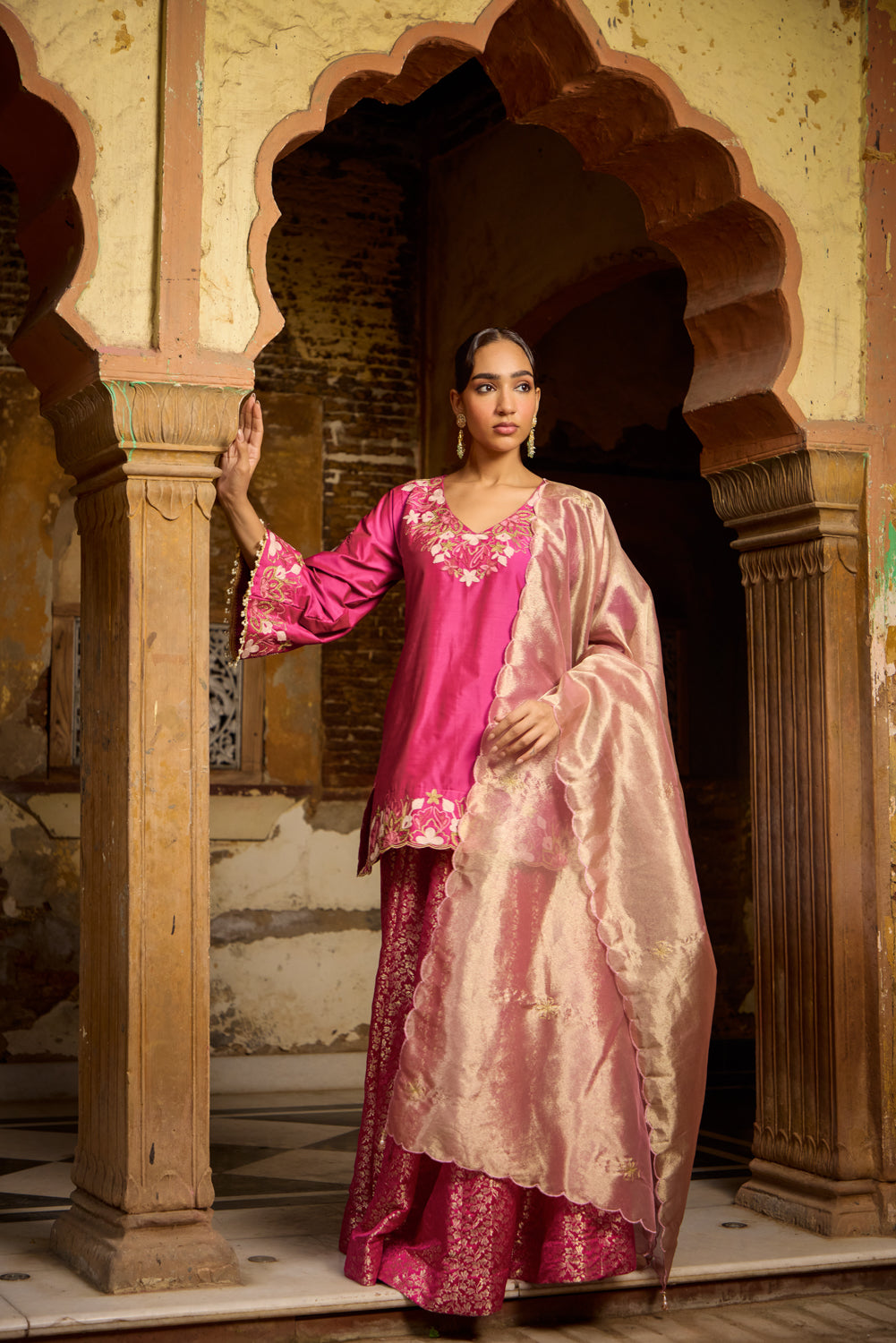 Hema Rani Pink Kurta Set With Brocade Kalidaar Lehenga