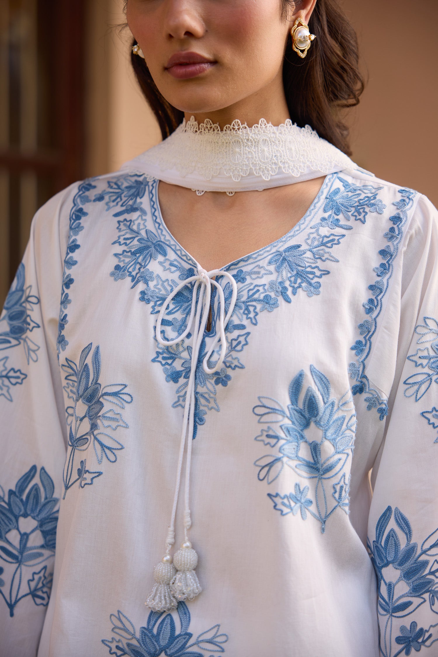 Sky White & Blue Short Cotton Aari Pheran Set with Farshi Salwar