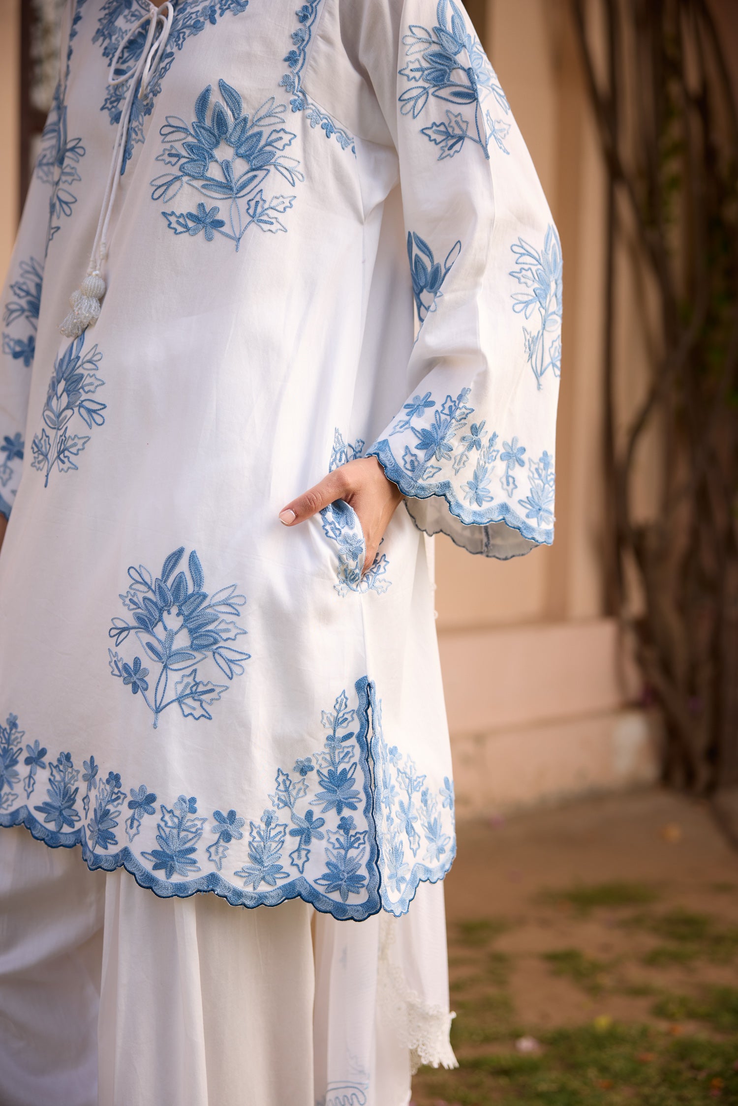 Sky White & Blue Short Cotton Aari Pheran Set with Farshi Salwar