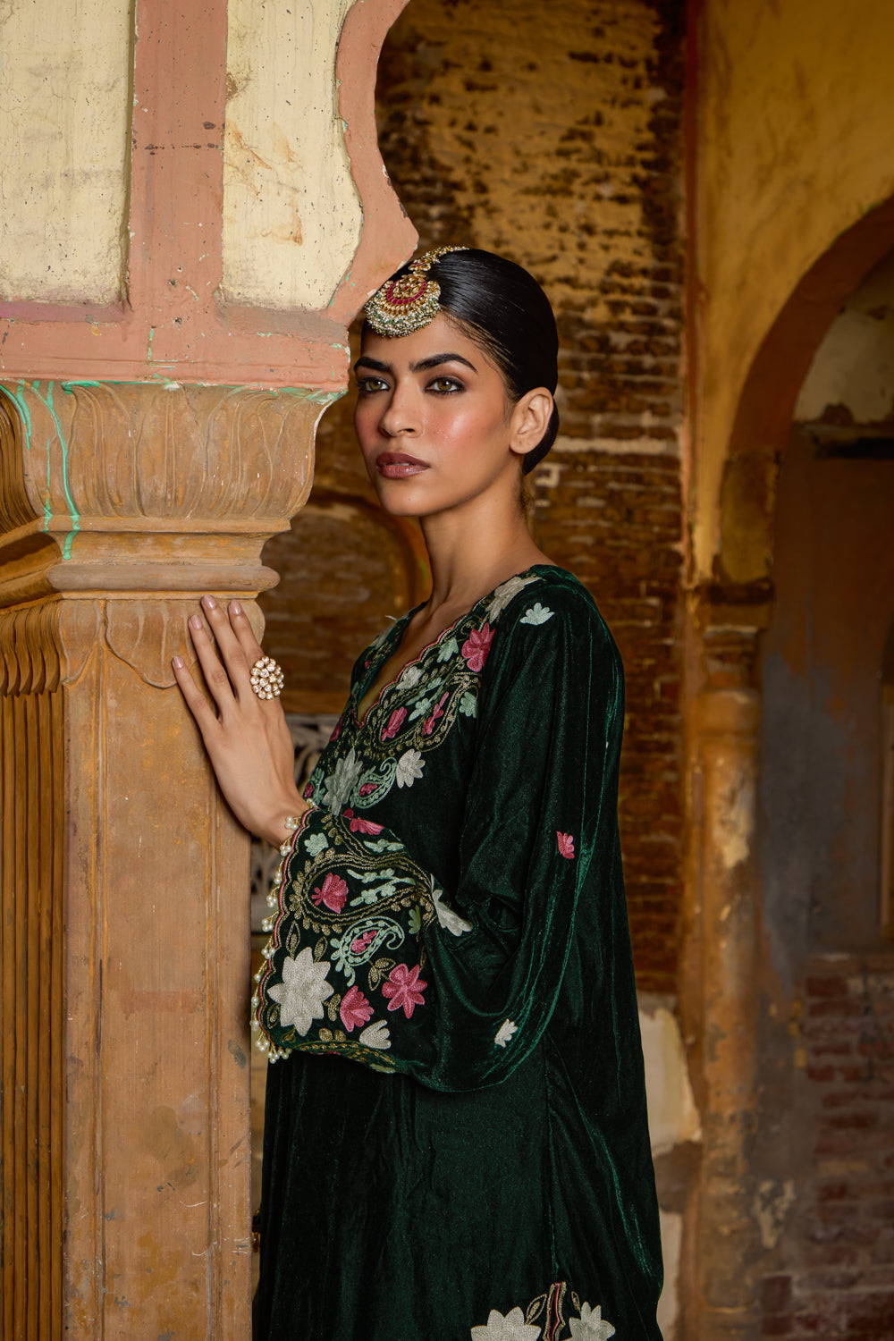 Rekha Emerald Green Silk Velvet Aari Kurta With Lehenga Skirt