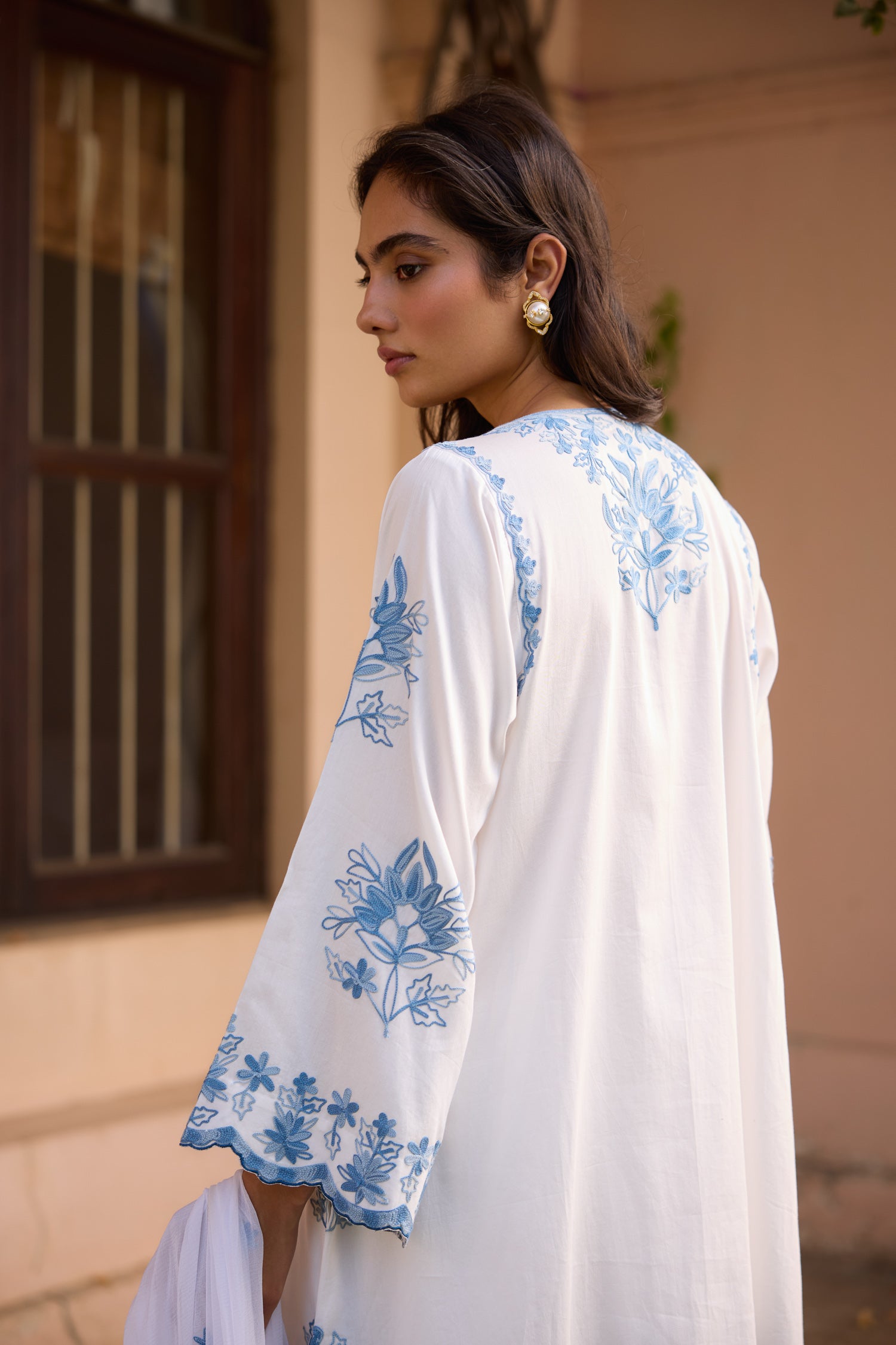 Sky White & Blue Short Cotton Aari Pheran Set with Farshi Salwar