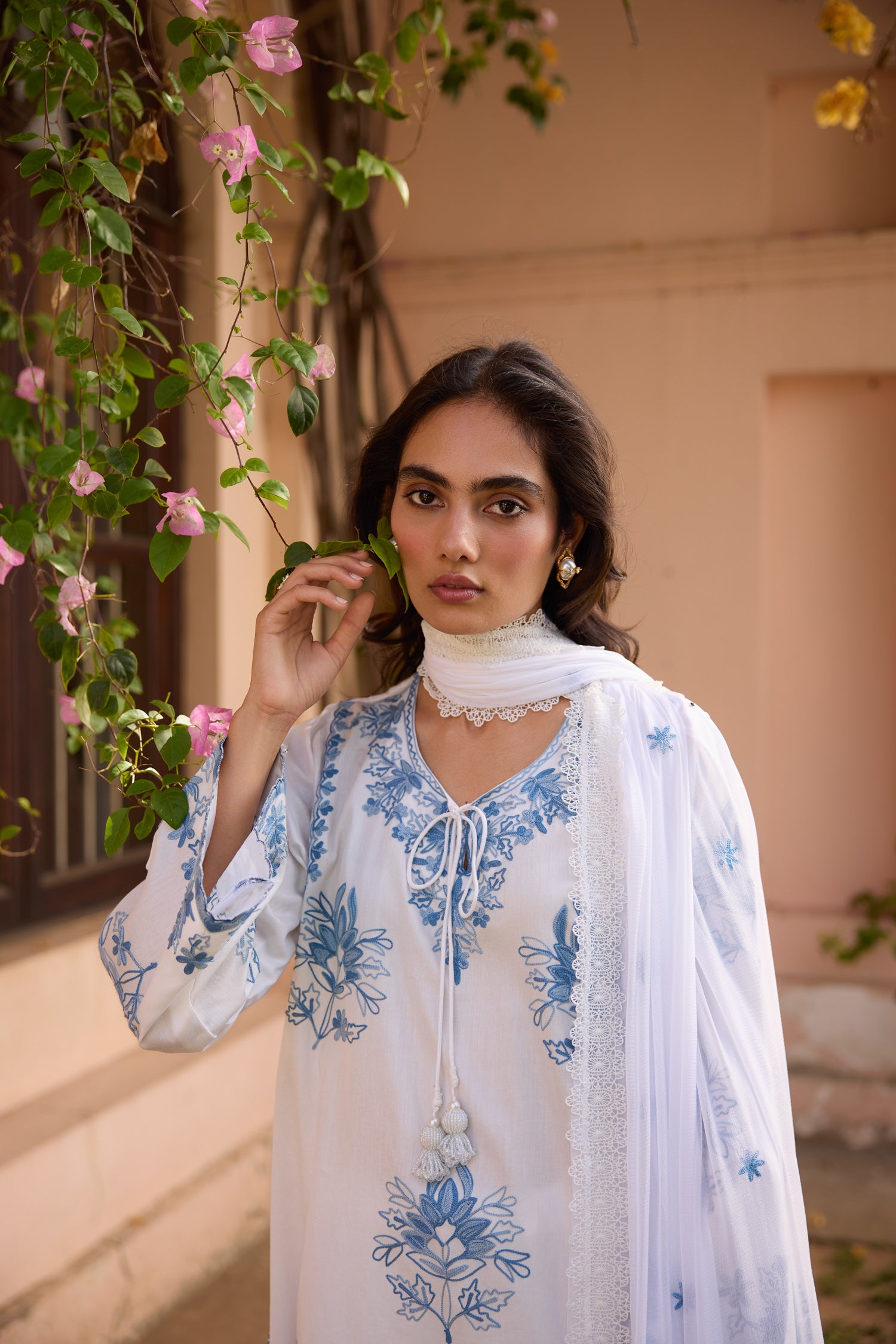 Sky White & Blue Short Cotton Aari Pheran Set with Farshi Salwar