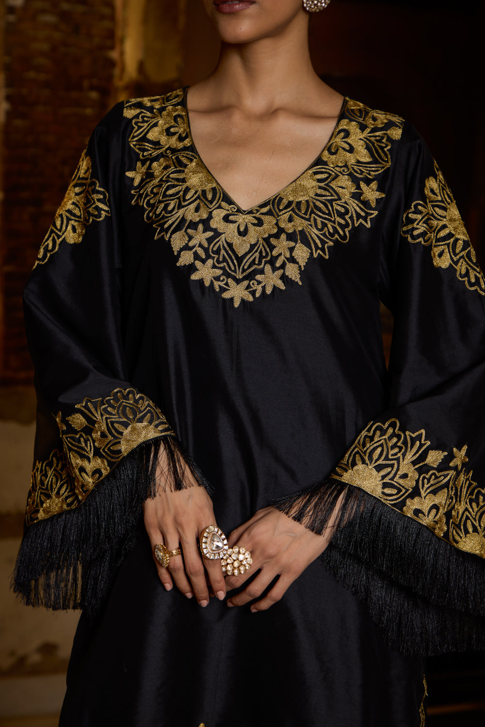 Rehana Black & Gold Silk Kurta Set With Straight Brocade Pants