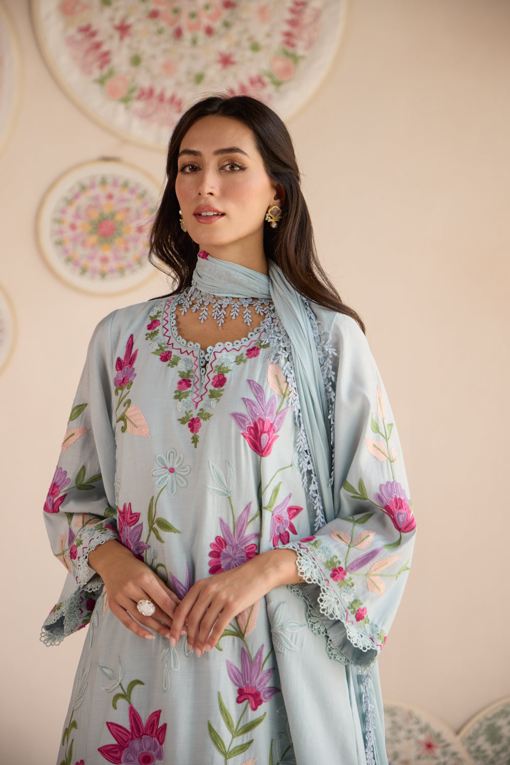 Rangat Cloud Blue Aari Kurta Set with Chiffon Fringe Dupatta & Farshi Salwar