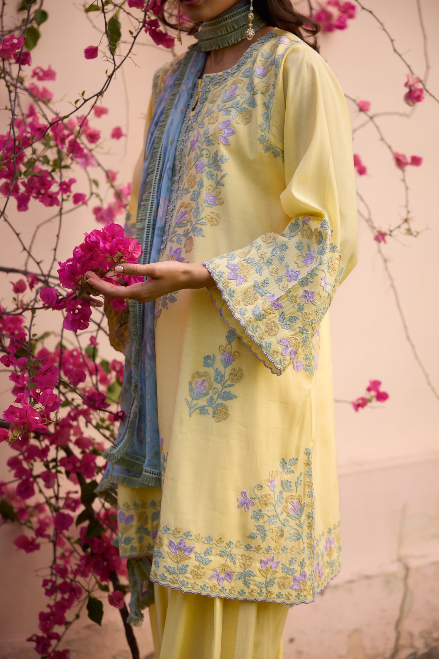 Lemonade Yellow Short Aari Pheran Set with Farshi Salwar