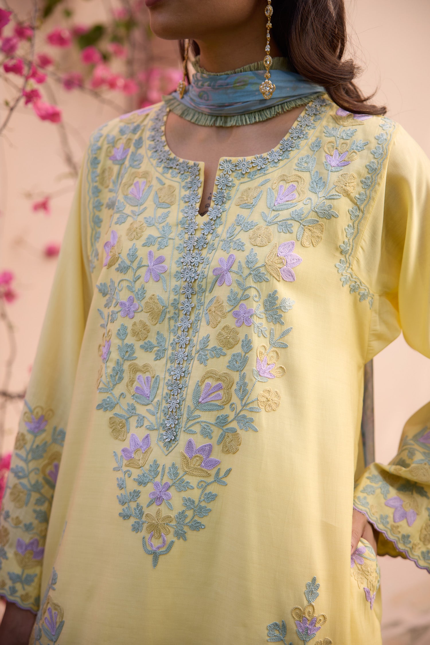 Lemonade Yellow Short Aari Pheran Set with Farshi Salwar
