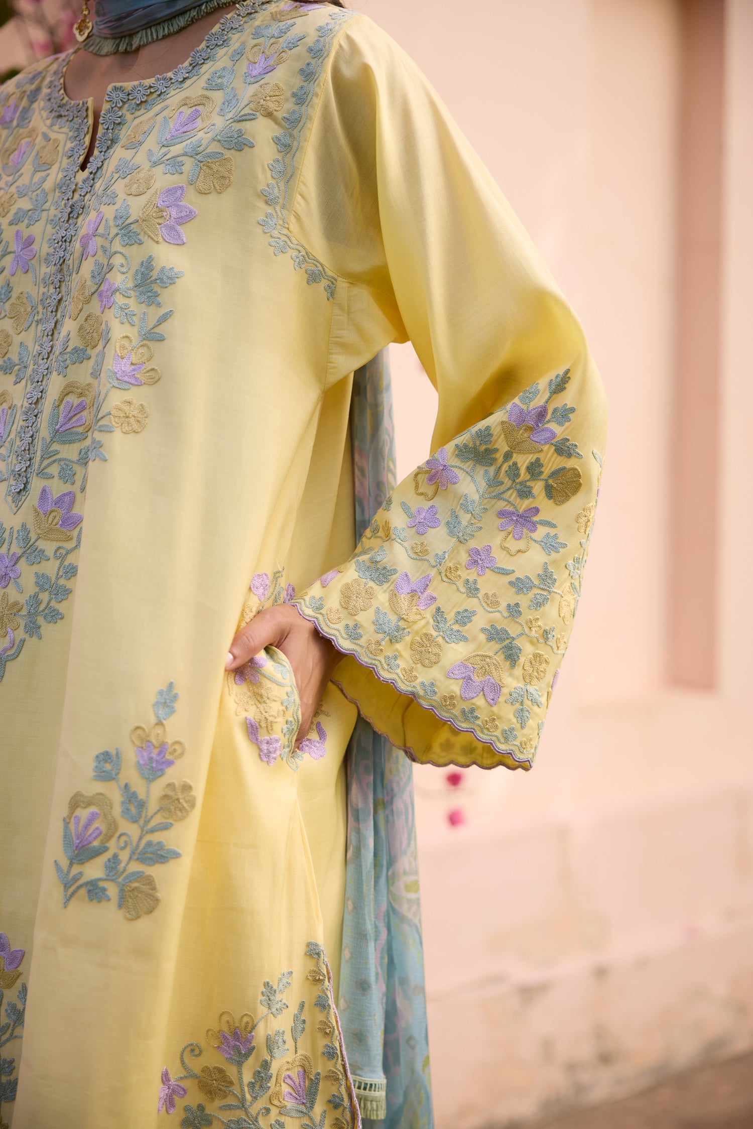 Lemonade Yellow Short Aari Pheran Set with Farshi Salwar