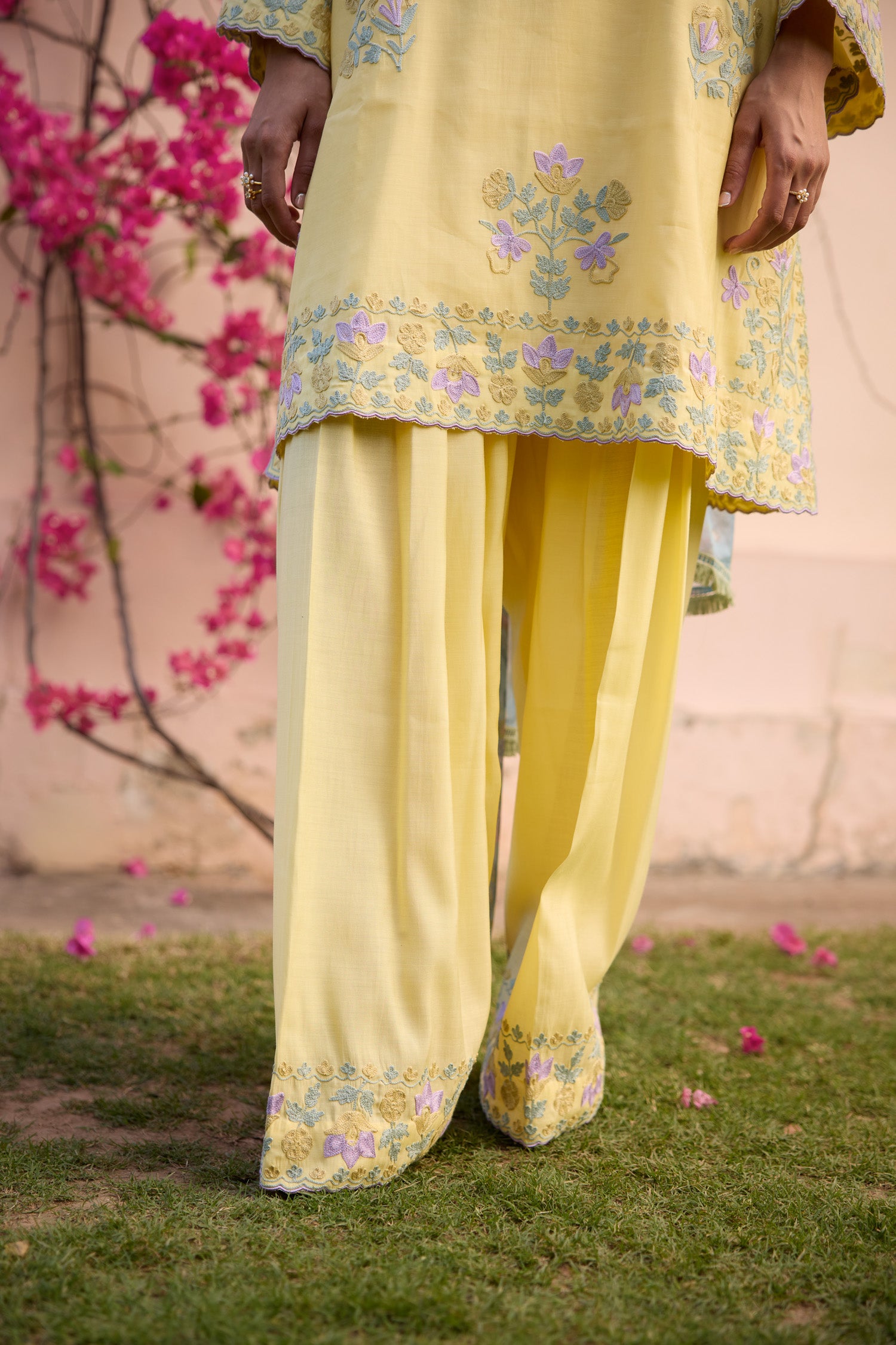 Lemonade Yellow Short Aari Pheran Set with Farshi Salwar
