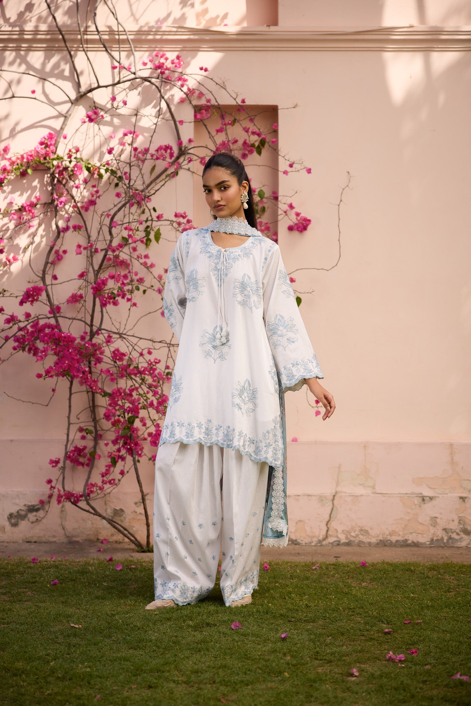 Sky White & Grey Short Cotton Aari Pheran Set with Farshi Salwar