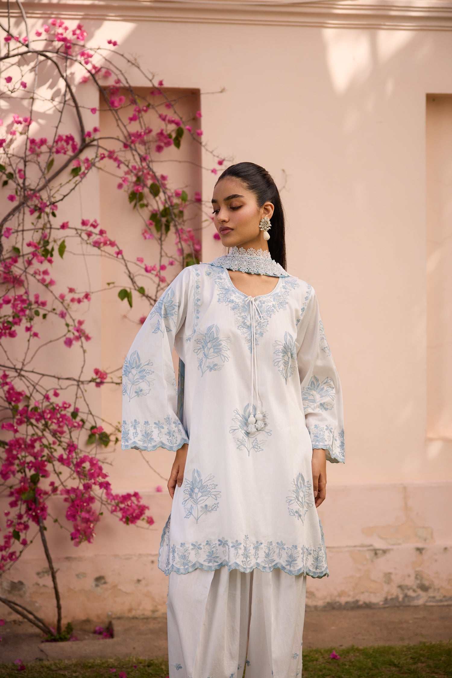 Sky White & Grey Short Cotton Aari Pheran Set with Farshi Salwar