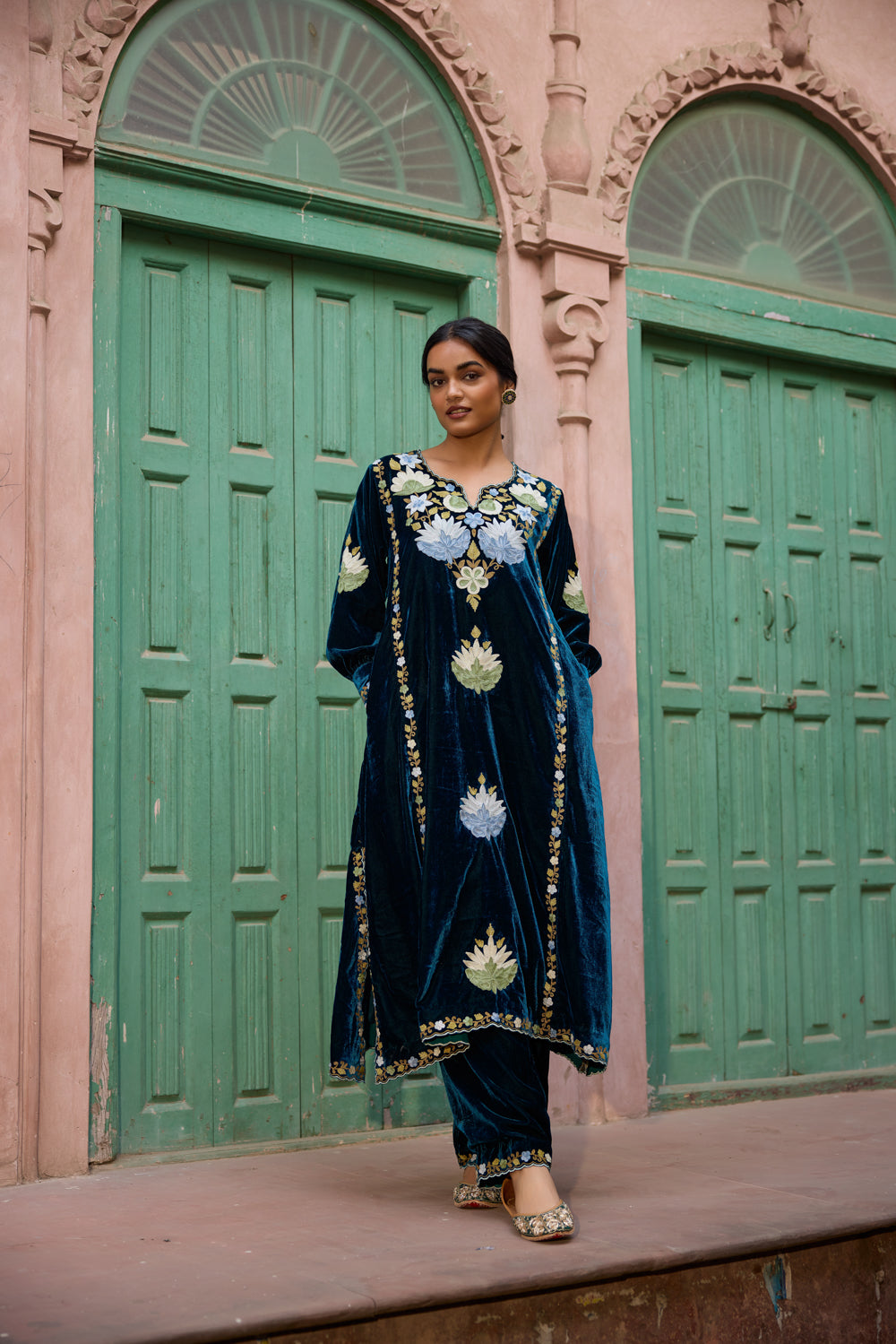 Jahanara Peacock Blue Kalidaar Silk Velvet Kurta Set