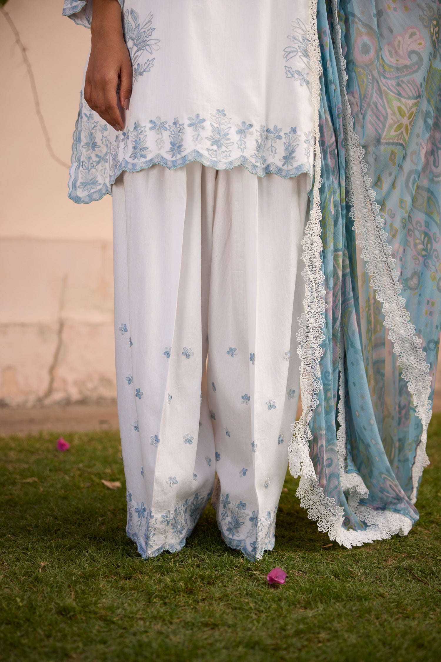 Sky White & Grey Short Cotton Aari Pheran Set with Farshi Salwar