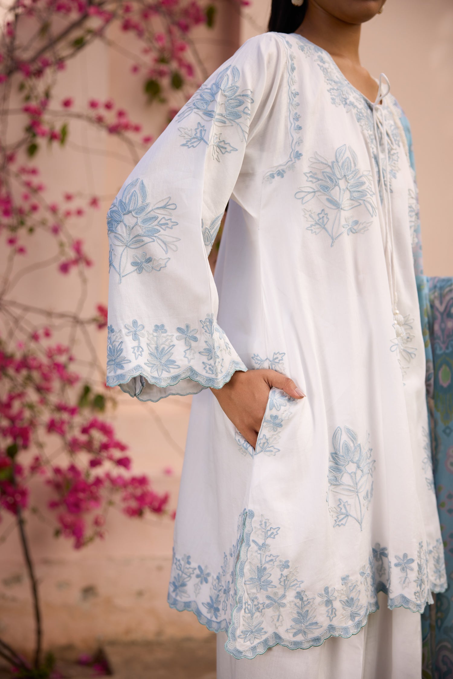 Sky White & Grey Short Cotton Aari Pheran Set with Farshi Salwar