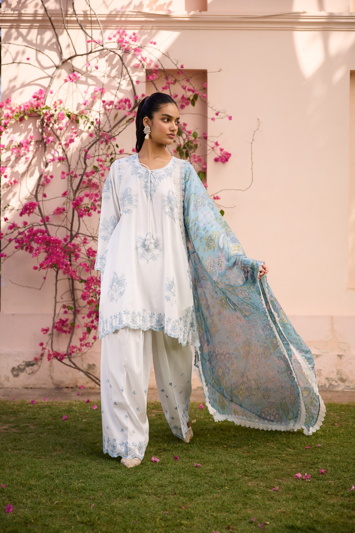 Sky White & Grey Short Cotton Aari Pheran Set with Farshi Salwar
